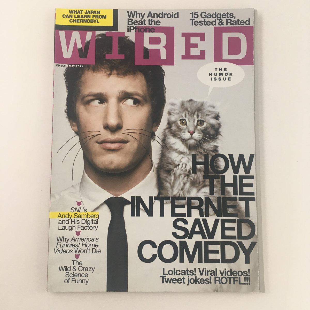 Wired Magazine May 2011 featuring Andy Samberg on the cover, depicting 'How the Internet Saved Comedy' along with a playful kitten. This issue explores digital comedy and humor in the internet age.