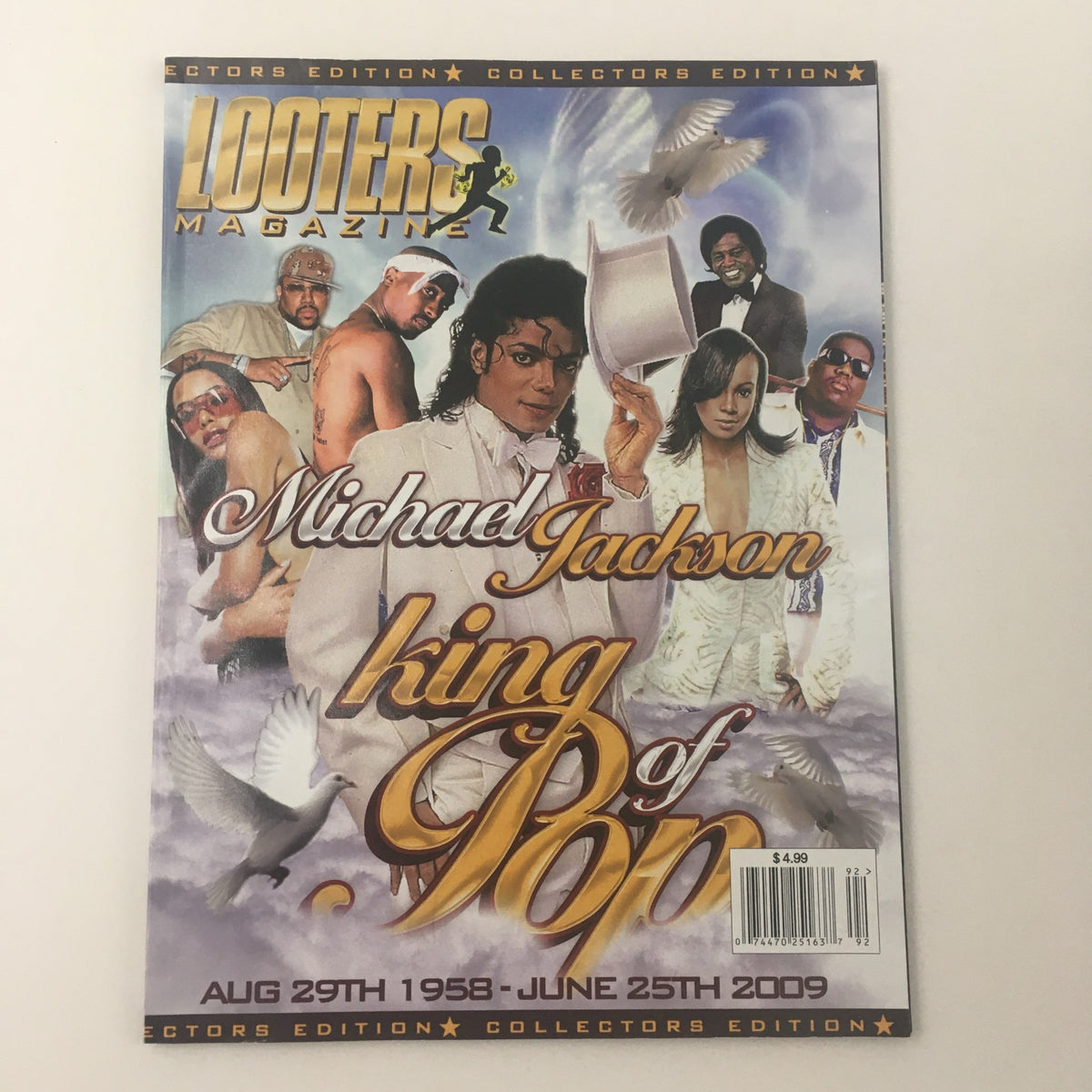 Cover of Looters Magazine 2009 featuring Michael Jackson, the King of Pop, with images of other celebrities and memorable elements celebrating his legacy from 1958 to 2009.