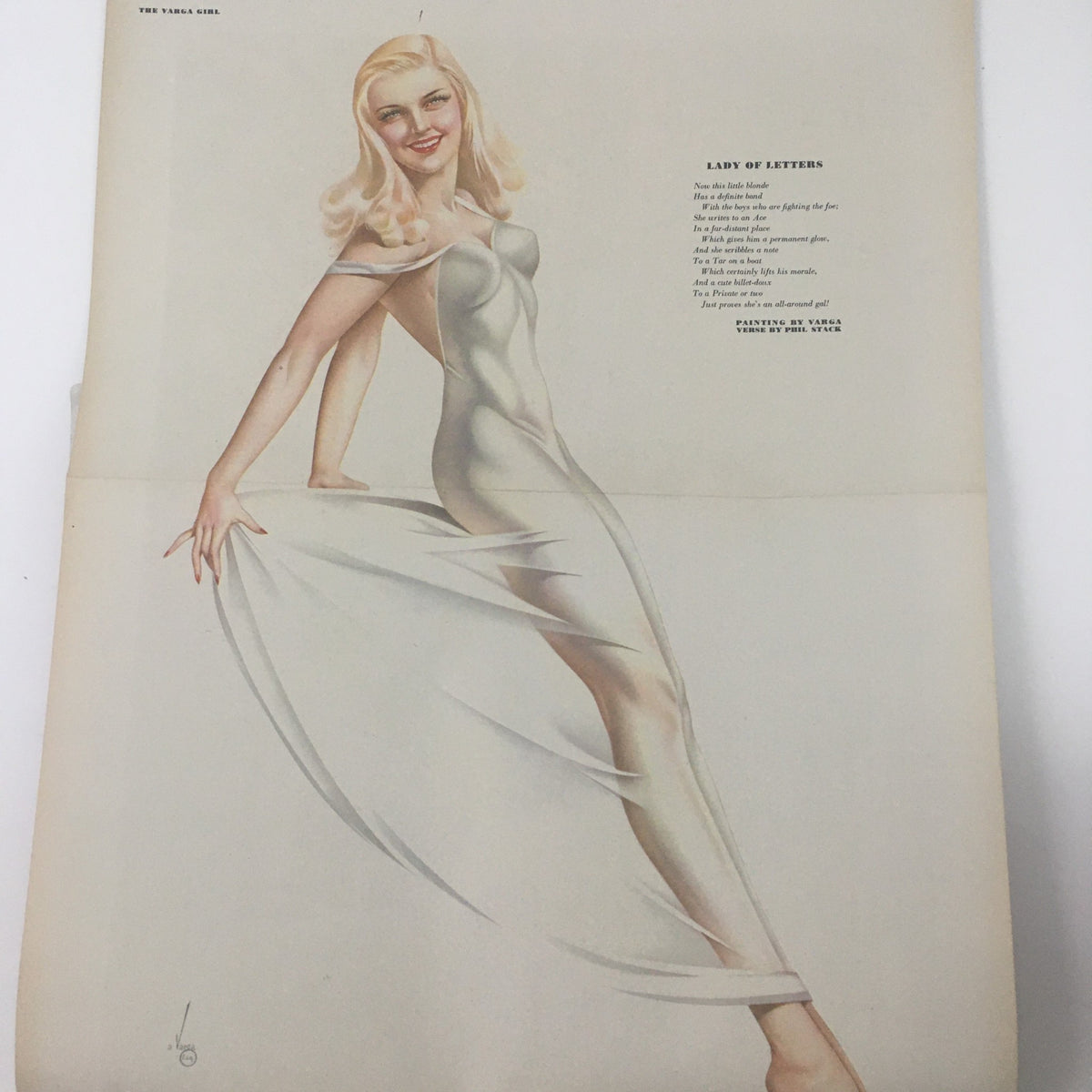 Artistic illustration in Esquire Magazine March 1945 of a glamorous woman in a flowing dress, showcasing vintage beauty standards and style elements of the time.