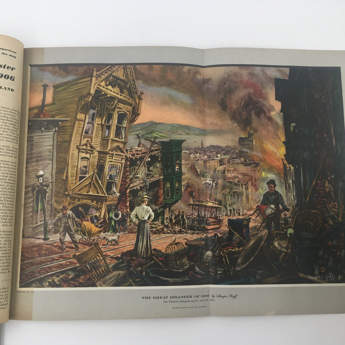 Illustration from Esquire Magazine October 1945 depicting 'The Great Disaster of 1906', showing the aftermath of the San Francisco earthquake with destroyed buildings and figures amid debris, symbolizing a significant historical event.
