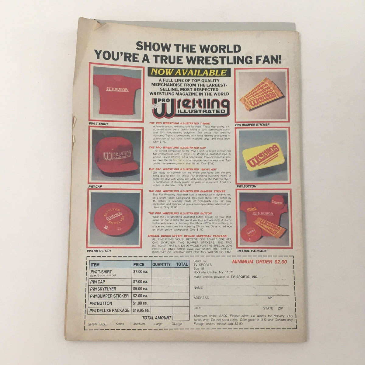 Pro Wrestling Illustrated Magazine July 1985, displaying the back cover with merchandise available for purchase, promoting wrestling fan gear.
