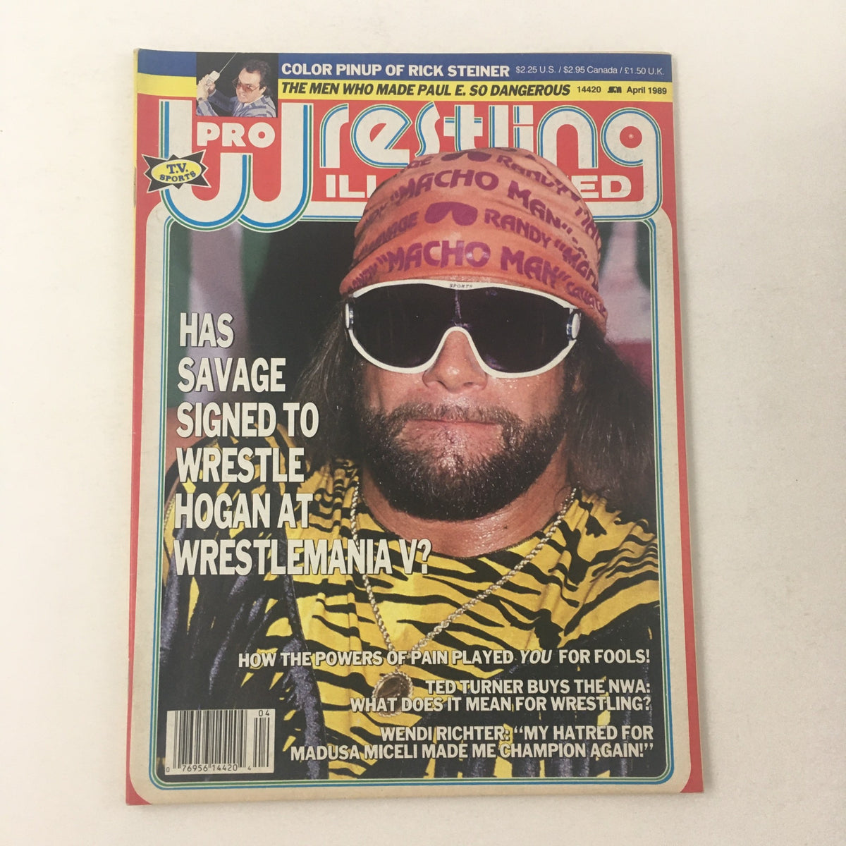 Pro Wrestling Illustrated April 1989 cover featuring Randy Savage with a question about wrestling Hulk Hogan at WrestleMania V.