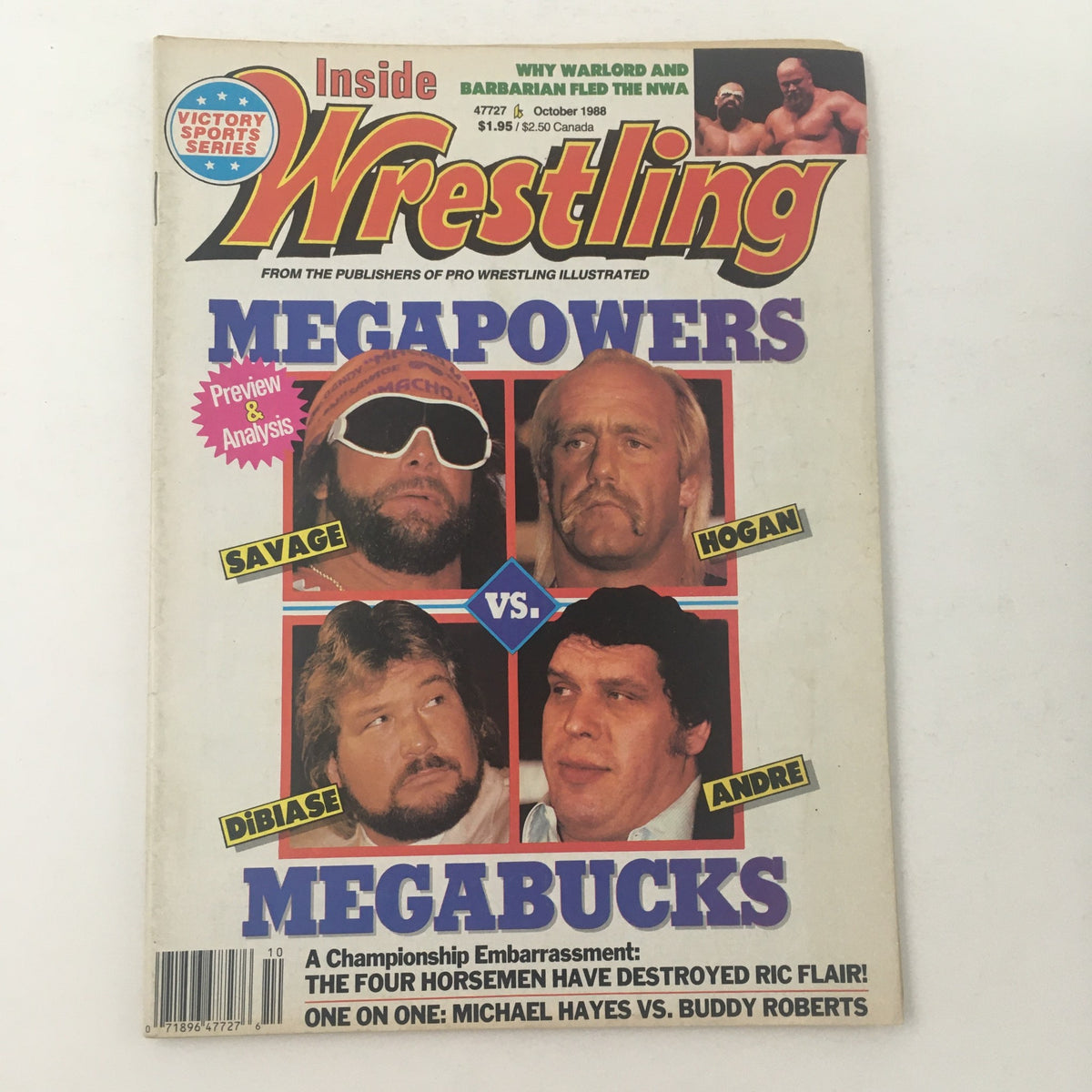 Cover of Inside Wrestling Magazine from October 1988 featuring iconic wrestlers Hulk Hogan and Andre The Giant, alongside Randy Savage and Ted DiBiase in a promotional layout for a wrestling event.