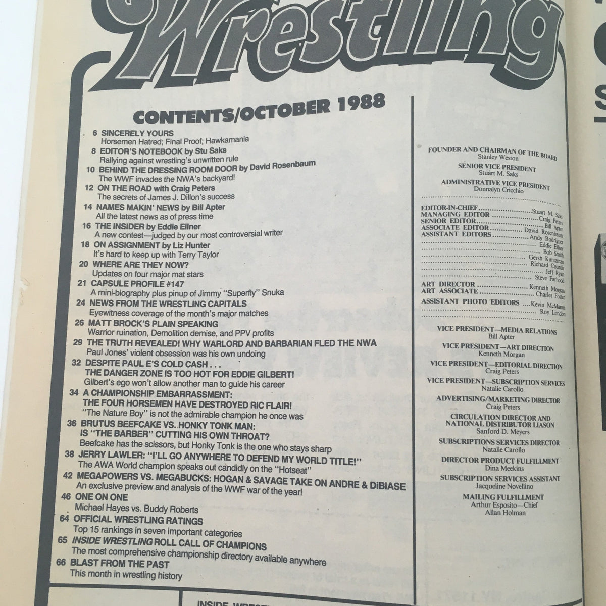 Inside Wrestling Magazine October 1988 contents page featuring articles about wrestling legends including Hulk Hogan and Andre The Giant.