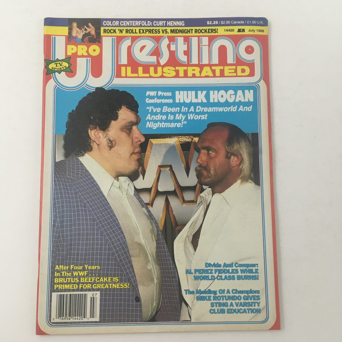 Cover of Pro Wrestling Illustrated, July 1988 featuring Andre The Giant and Hulk Hogan, showcasing a press conference with bold headlines about their rivalry.