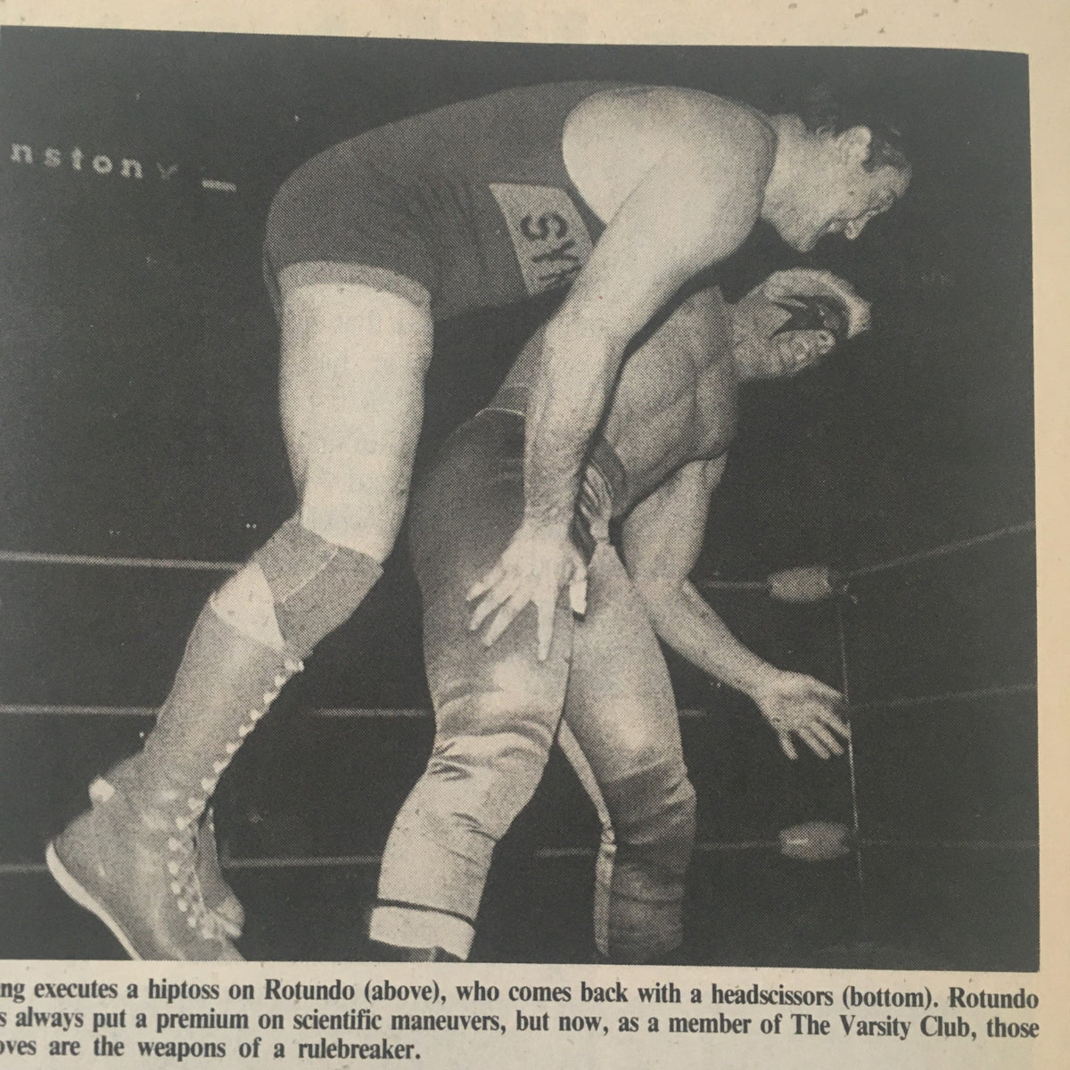 Dynamic wrestling move illustrated in Pro Wrestling Illustrated, July 1988 showing Mike Rotundo executing a hiptoss during a match, reflecting wrestling techniques.