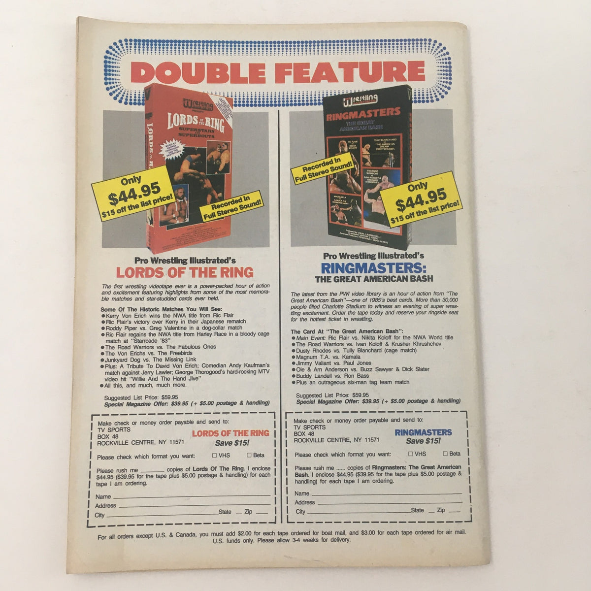 Pro Wrestling Illustrated July 1988 advertisement page featuring 'Double Feature' for video releases: 'Lords of the Ring' and 'Ringmasters: The Great American Bash', showcasing price information and featured matches.