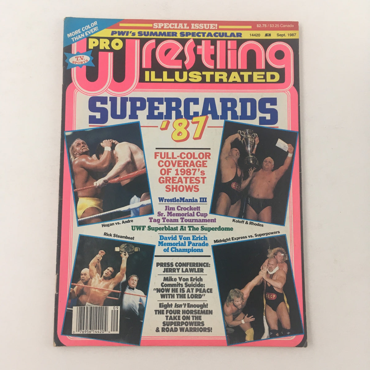 Cover of Pro Wrestling Illustrated September 1987 featuring Hulk Hogan and Andre The Giant, highlighting iconic wrestling events and supercard details.