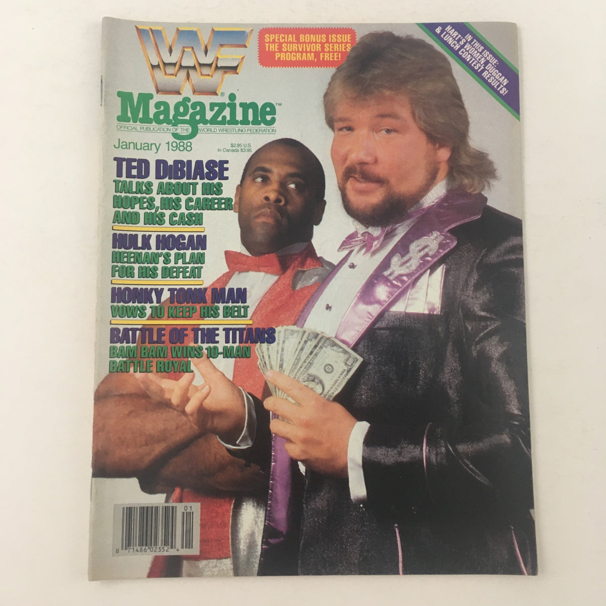 WWF Magazine January 1988 cover featuring Ted DiBiase, Hulk Hogan, and Honky Tonk Man, showcasing wrestling legends and classic era moments.