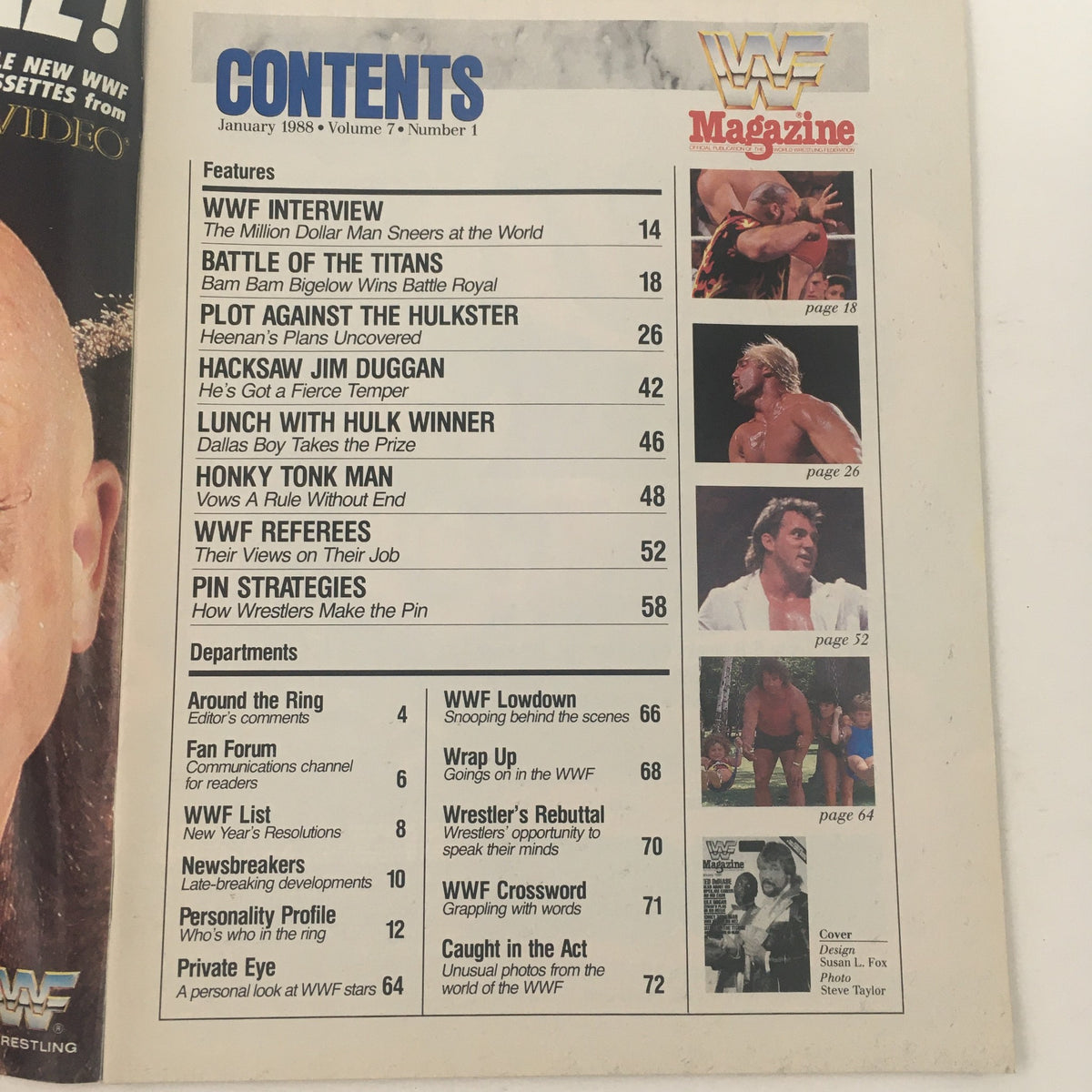 Contents page of WWF Magazine January 1988 detailing featured articles and interviews, highlighting key wrestling events and star personalities.