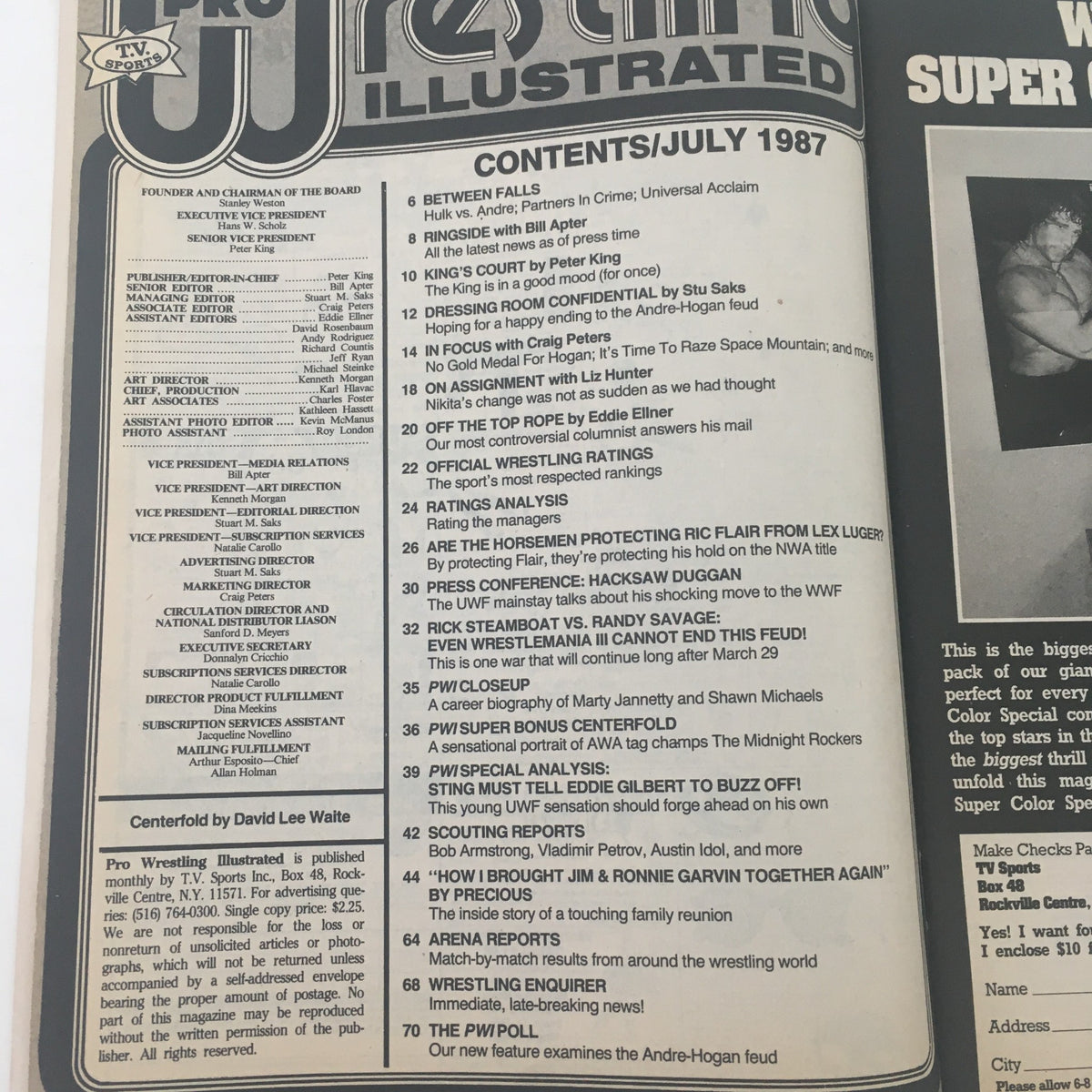 Contents page of Pro Wrestling Illustrated July 1987, providing an overview of articles and features, including insights on wrestling events and profiles.