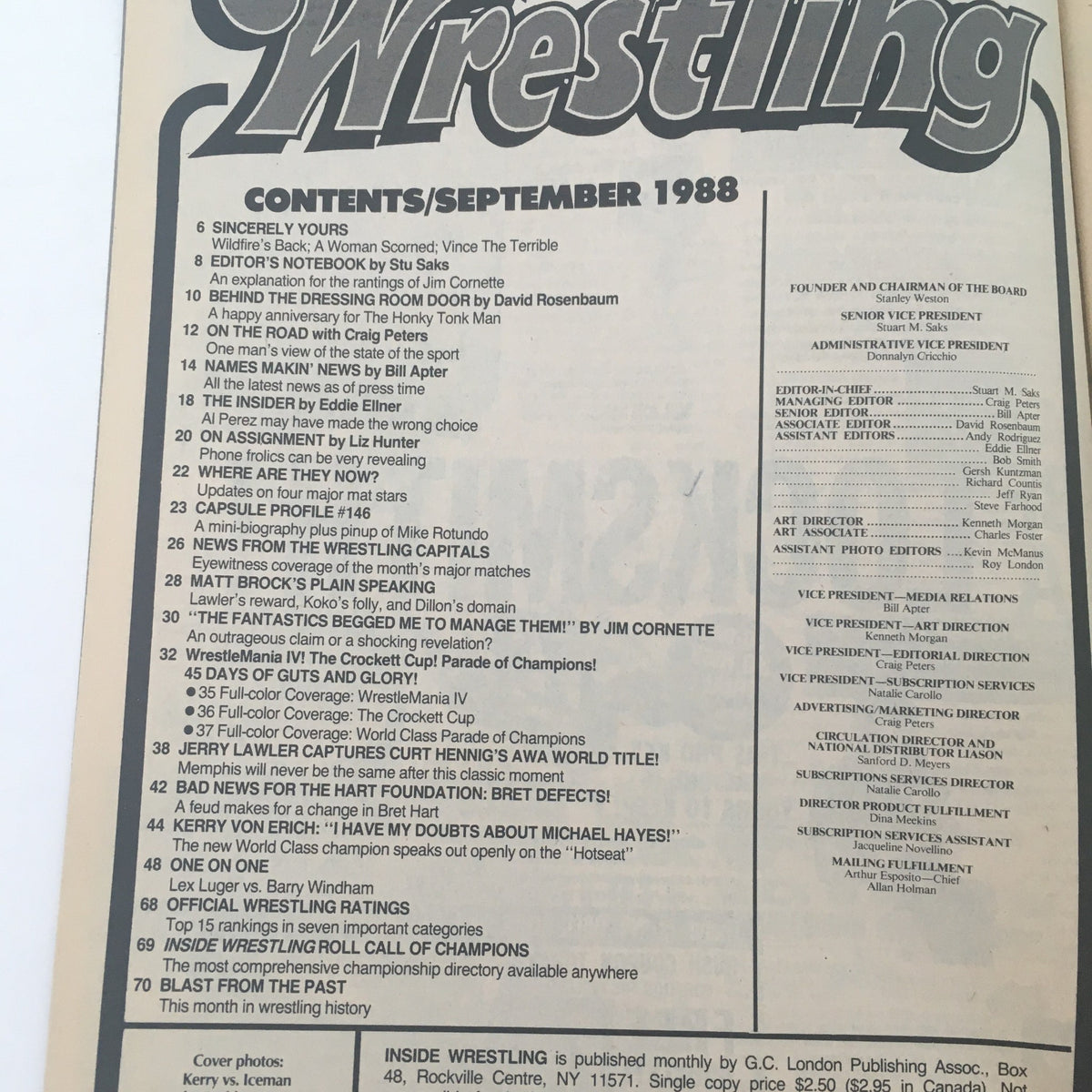 Contents page of Inside Wrestling Magazine September 1988 showcasing articles, wrestling events, and features including Jerry Lawler and the AWA.