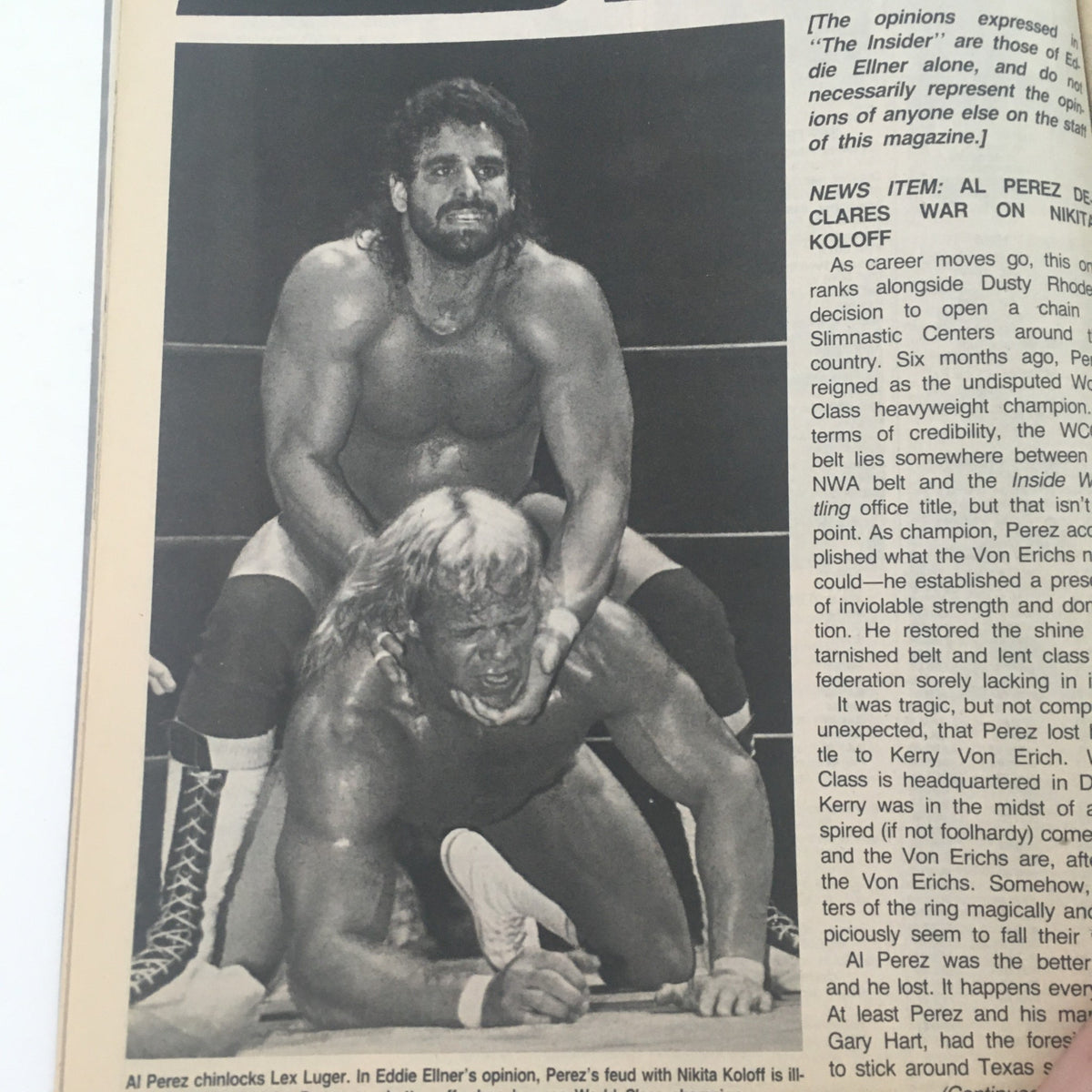 Al Perez performing a wrestling move on Lex Luger in Inside Wrestling Magazine September 1988, illustrating wrestling action and rivalries.