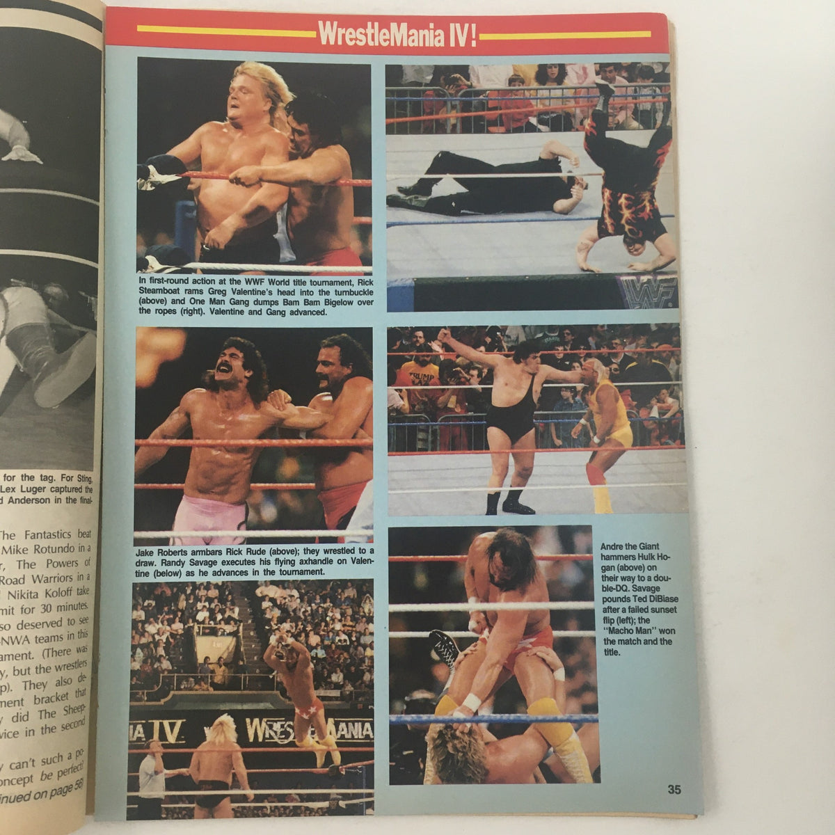 Page from Inside Wrestling Magazine September 1988 detailing WrestleMania IV with images of key matches and wrestlers.