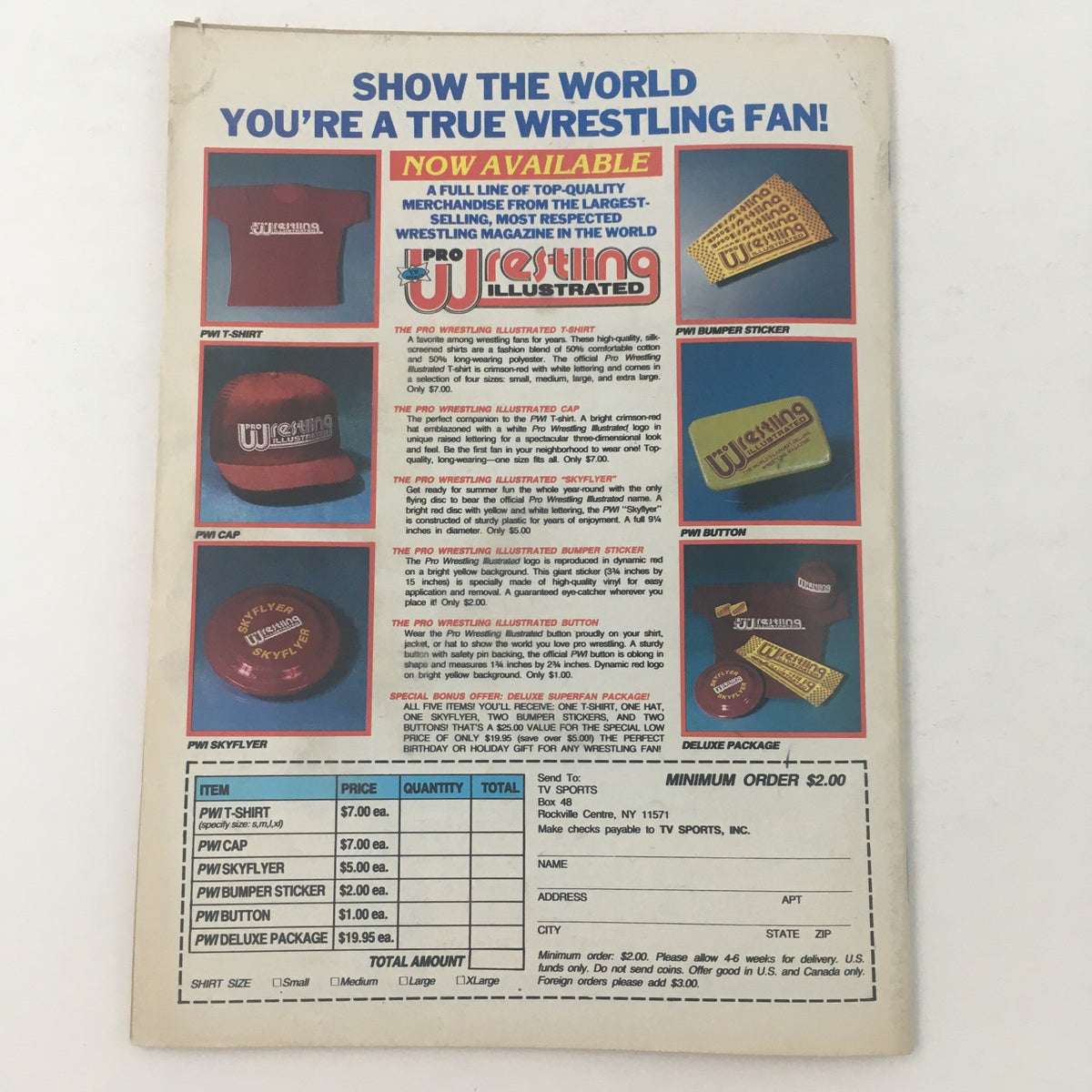 Back cover of Inside Wrestling Magazine September 1988 promoting wrestling merchandise and collectibles.