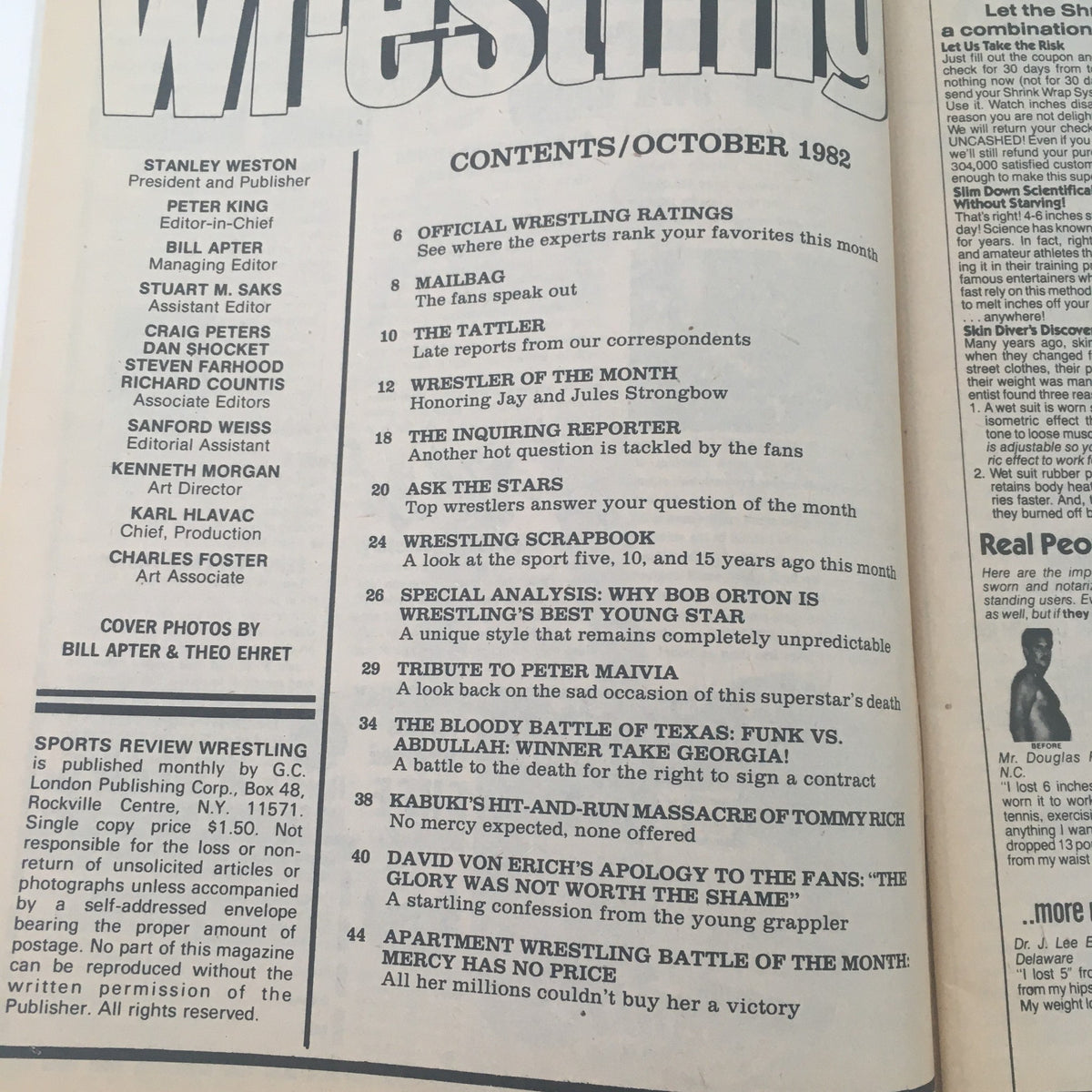 Table of contents page from Sports Review Wrestling October 1982 outlining featured articles and wrestling highlights.