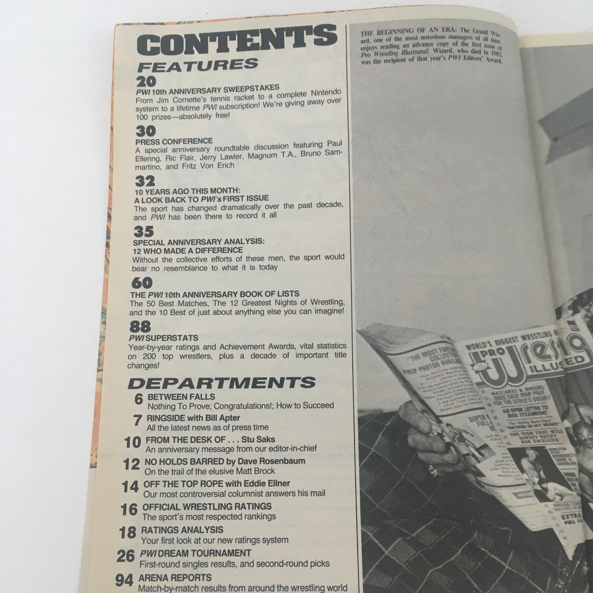 Contents page of Pro Wrestling Illustrated September 1989, featuring articles about 10th anniversary sweepstakes and wrestling history