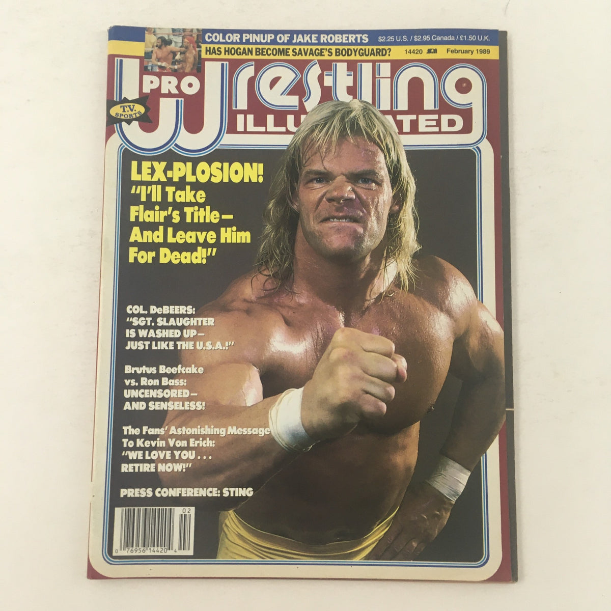 Cover of Pro Wrestling Illustrated February 1989 featuring Lex Luger vs Ric Flair, highlighting Luger with a bold headline 'LEX-PLOSION! I’ll Take Flair’s Title - And Leave Him For Dead!' showcasing wrestling nostalgia.