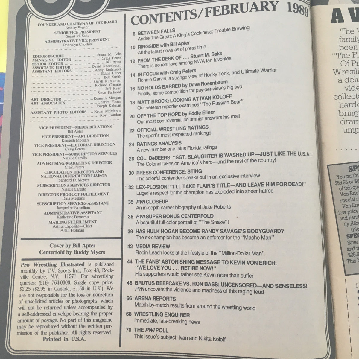 Contents page of Pro Wrestling Illustrated February 1989, outlining articles including 'Lex-PLOSION! I’ll Take Flair’s Title - And Leave Him For Dead!', reflecting the magazine's vintage wrestling insights.