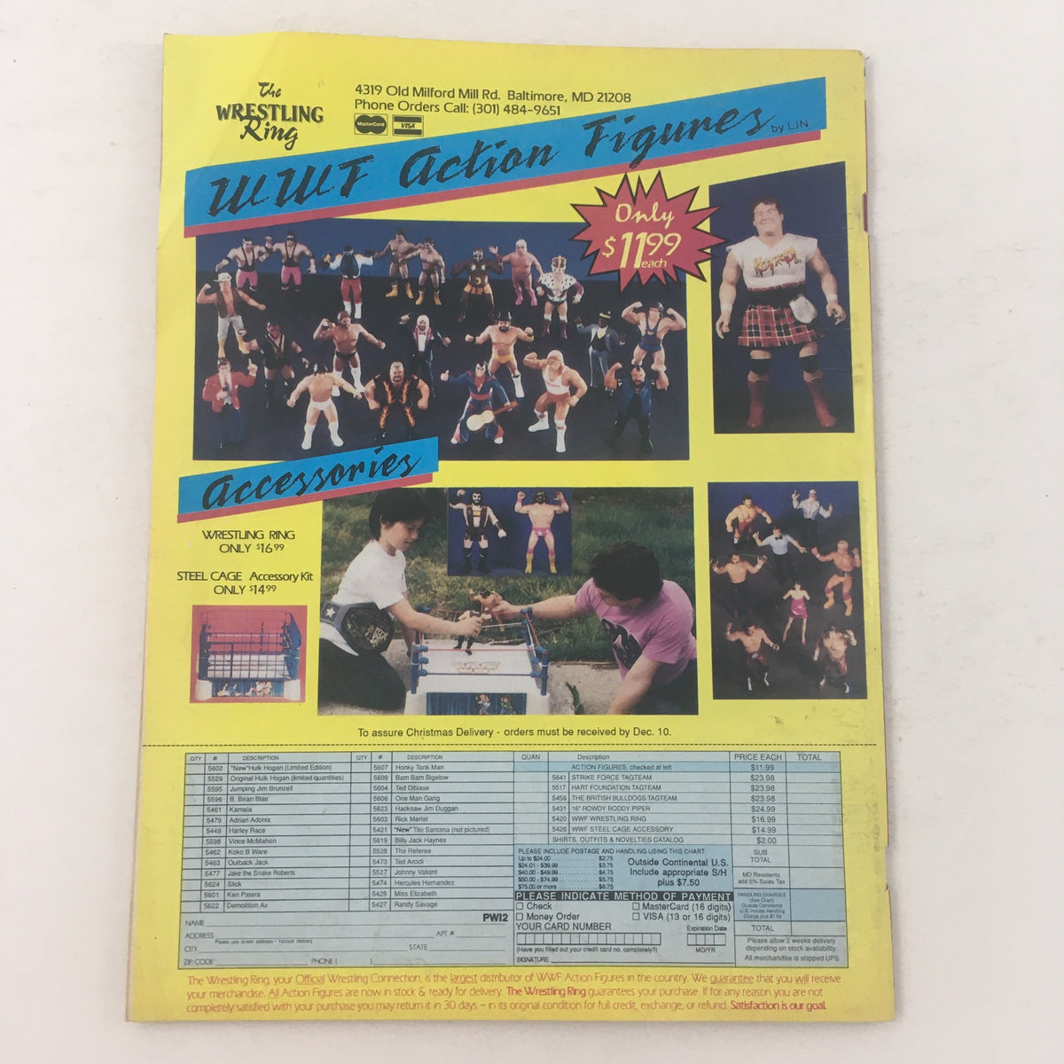Pro Wrestling Illustrated February 1989 magazine cover featuring Lex Luger vs Ric Flair, showcasing a vintage wrestling theme with action figures and accessories available for sale.