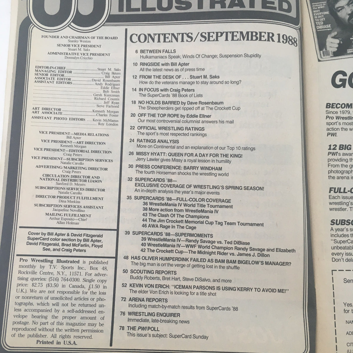 Contents page of Pro Wrestling Illustrated September 1988, listing articles and features related to wrestling history and events.