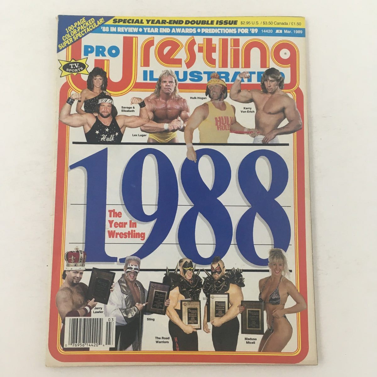 Pro Wrestling Illustrated March 1989 issue cover featuring Hulk Hogan, Kerry Von Erich, and others, highlighting 1988 in wrestling.