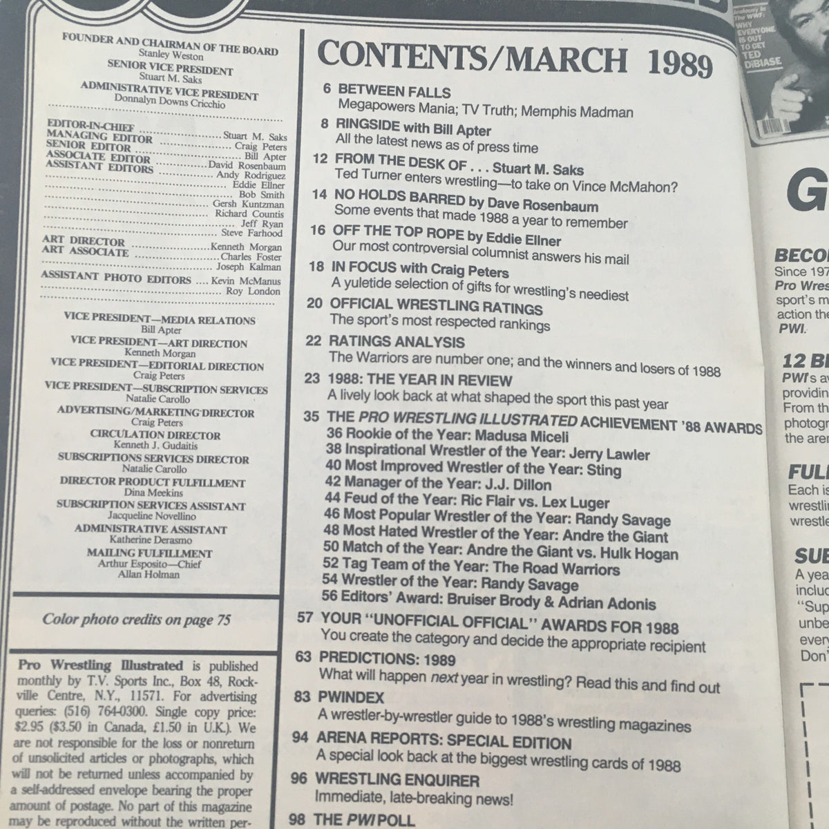 Contents page of Pro Wrestling Illustrated March 1989, detailing articles and features of that issue including wrestling rankings and award winners.