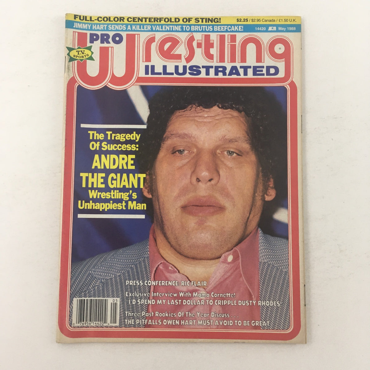 Pro Wrestling Illustrated May 1988 cover featuring Andre the Giant and Ric Flair, showcasing the theme 'The Tragedy of Success: ANDRE THE GIANT - Wrestling's Unhappiest Man'. A vibrant magazine cover highlighting iconic figures in professional wrestling.