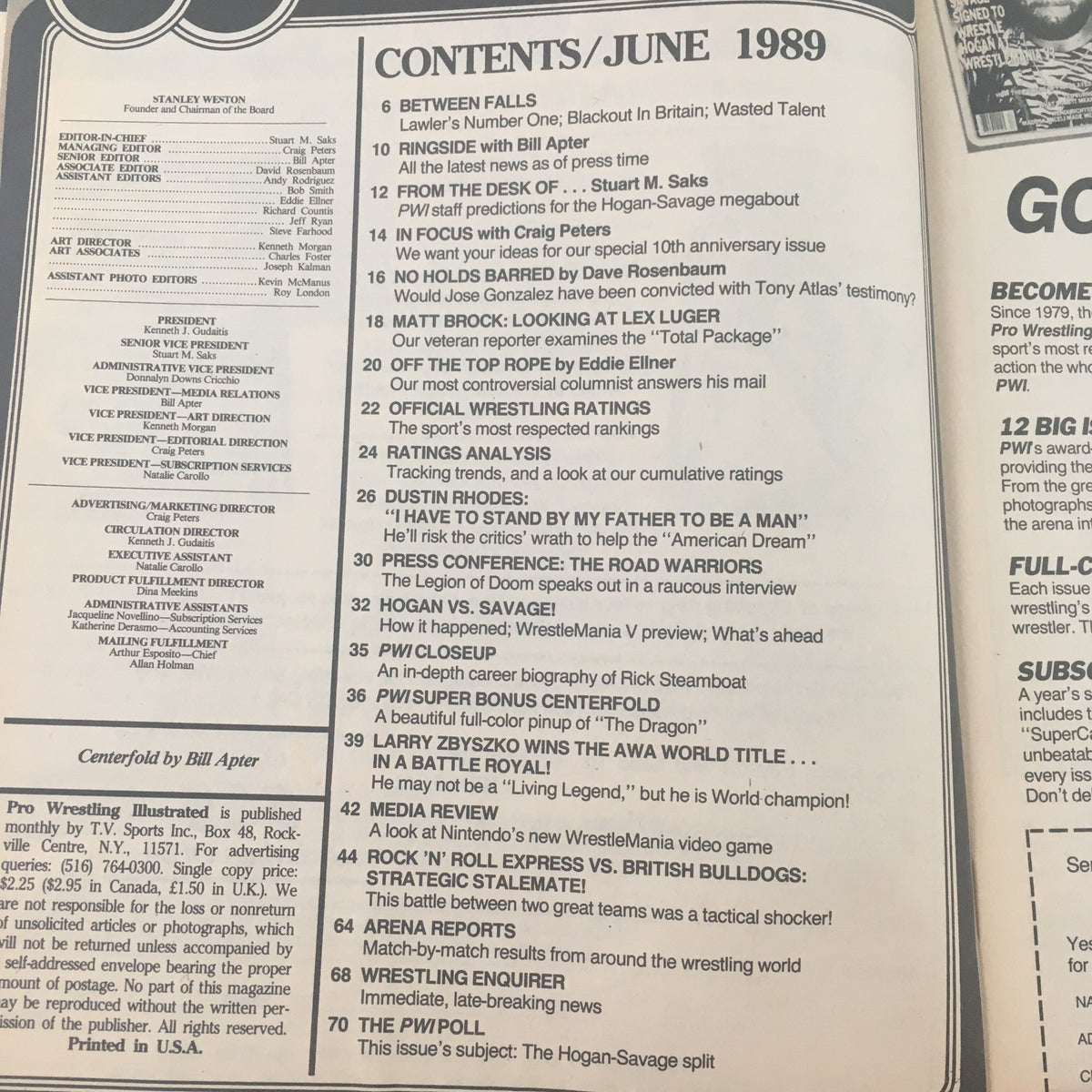 Contents page of Pro Wrestling Illustrated June 1989 detailing articles and features including coverage of Hulk Hogan vs Randy Savage.