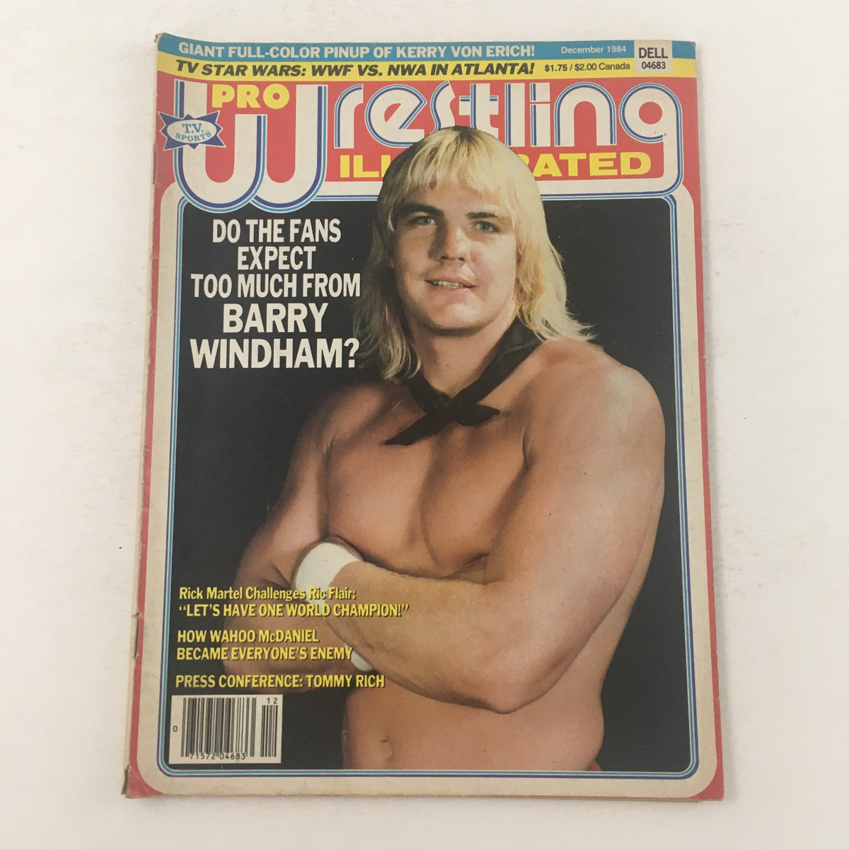 Cover of Pro Wrestling Illustrated December 1984 featuring Barry Windham, showcasing his muscular physique and long blond hair, with the caption questioning fan expectations.