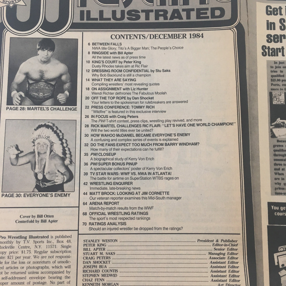 Contents page of Pro Wrestling Illustrated December 1984 highlighting articles, including features on Kerry Von Erich and Barry Windham, and various wrestling topics relevant to the era.