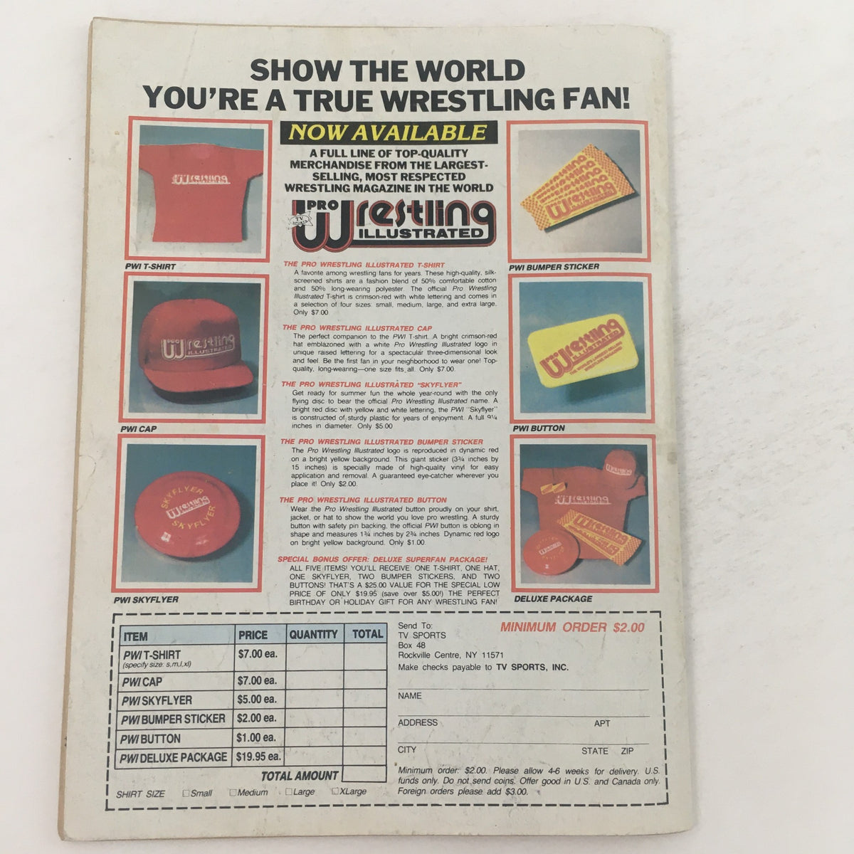 Pro Wrestling Illustrated November 1985 Ric Flair & Roddy Piper - Back cover of the magazine featuring merchandise advertisement for wrestling apparel and accessories.