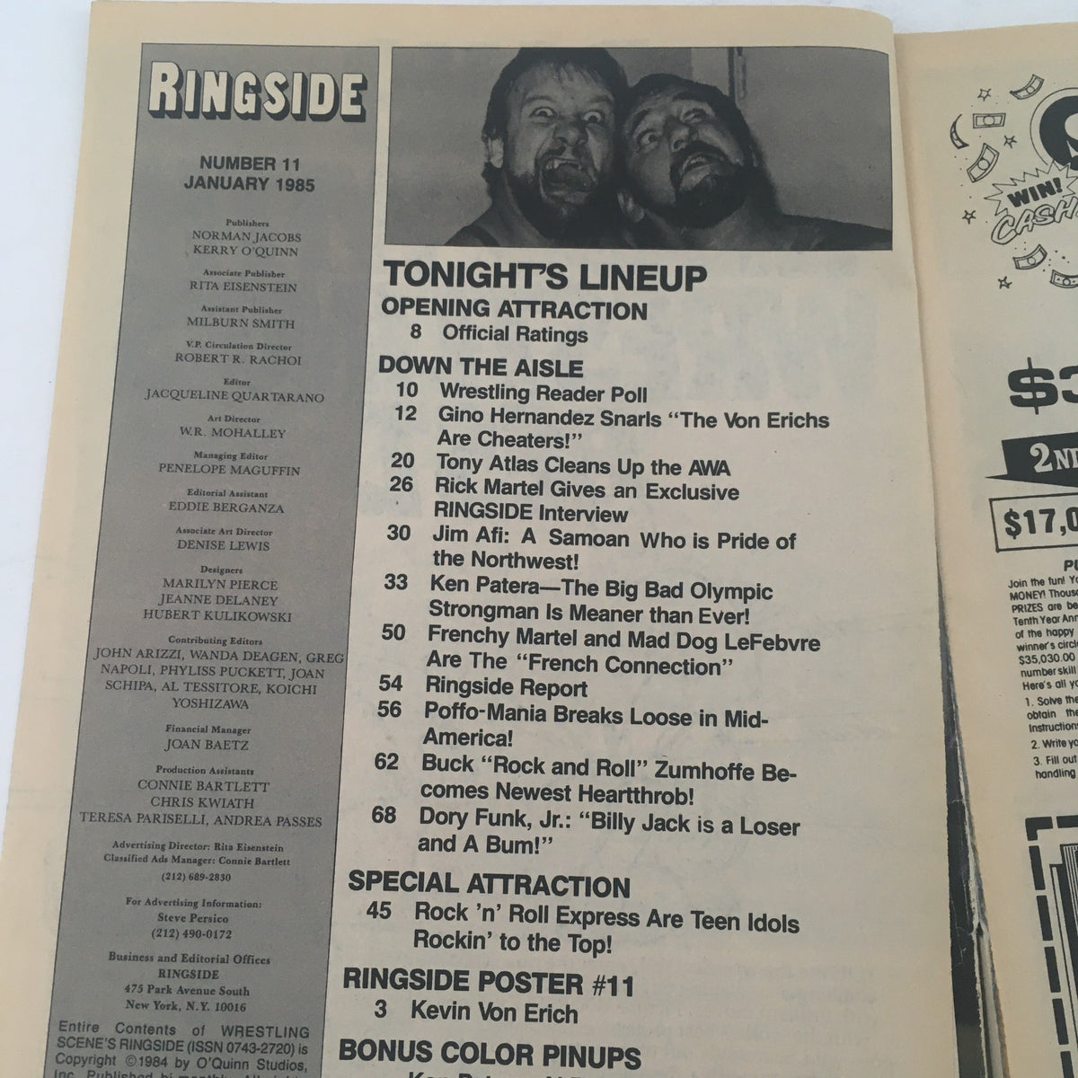 Wrestling Scene's Ringside January 1985 magazine page displaying tonight's wrestling lineup and editorial credits.