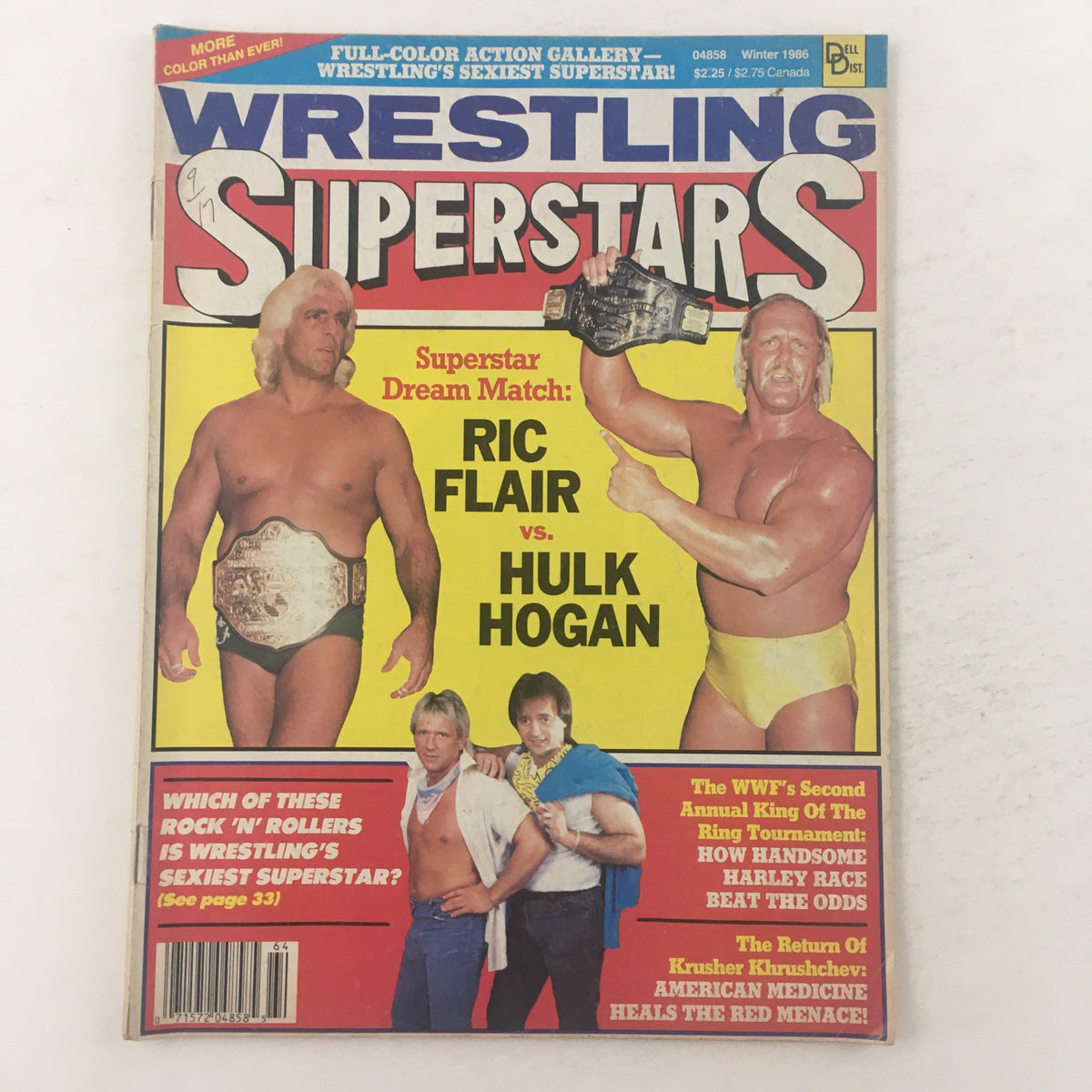 Wrestling Superstars Magazine Winter 1986 cover featuring legendary wrestlers Ric Flair and Hulk Hogan in a dream match showdown, showcasing vibrant colors and vintage wrestling nostalgia.