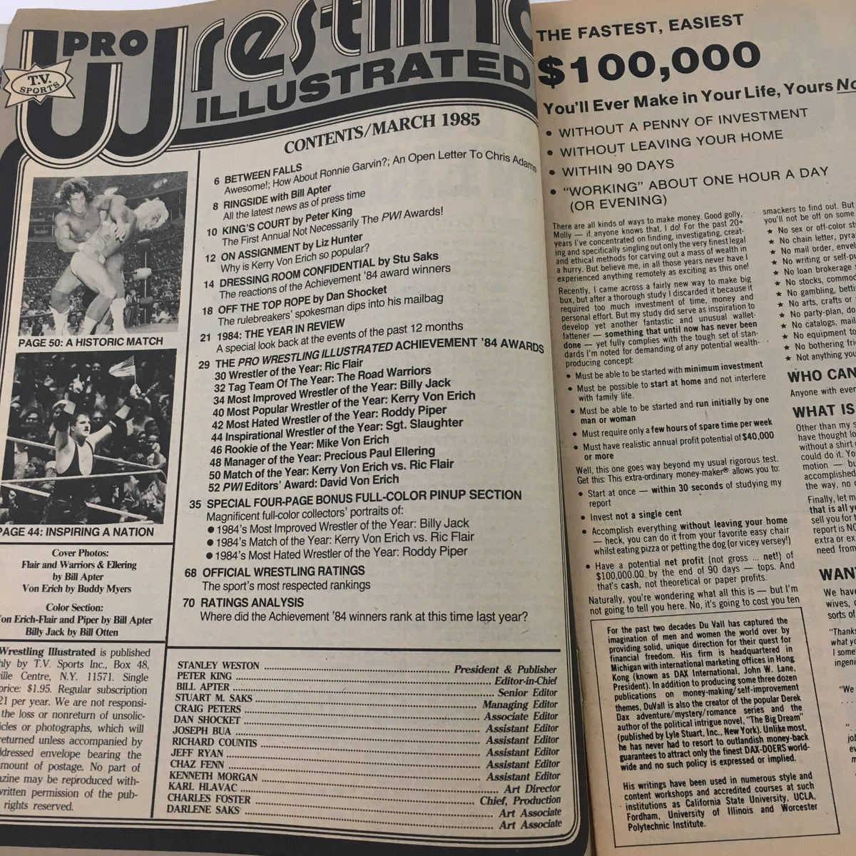Interior page from Pro Wrestling Illustrated Magazine March 1985 featuring table of contents and historic match details. Highlights include Ric Flair, the Warriors, and Paul Ellering. A collectible for wrestling fans.