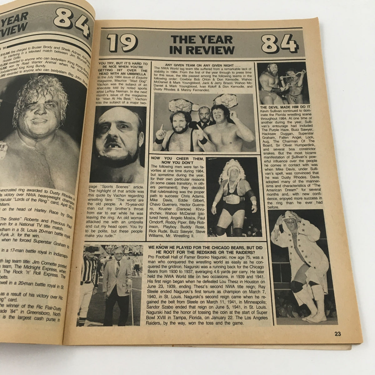 Page from Pro Wrestling Illustrated Magazine March 1985 showing 'The Year in Review' featuring notable wrestling personalities and events from 1984. A vintage wrestling collectible.