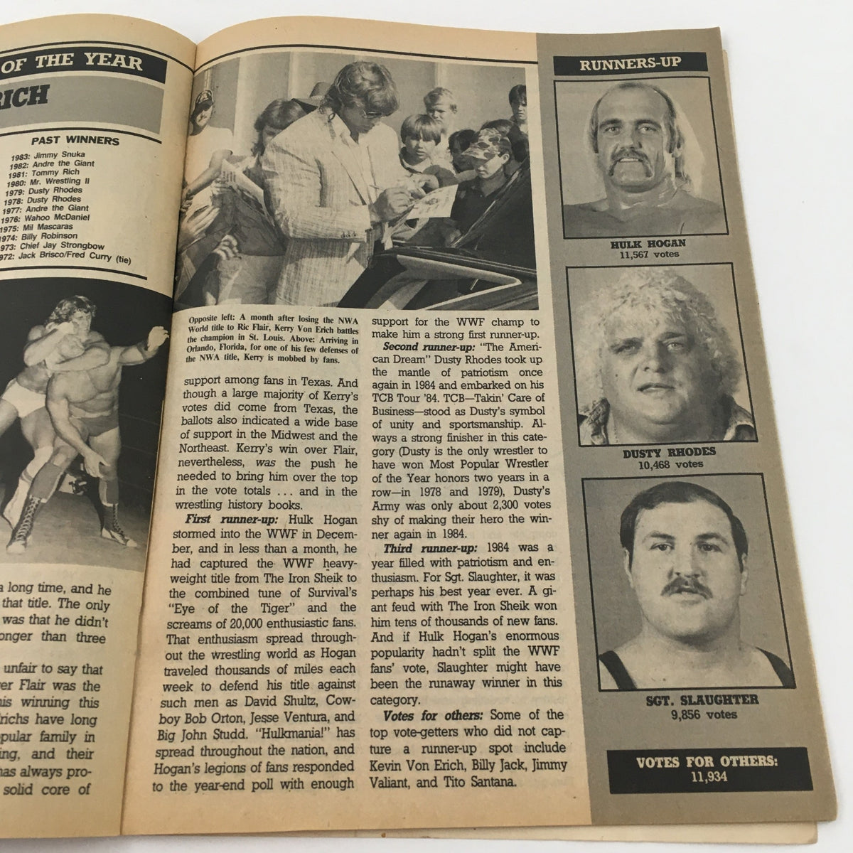 Page from Pro Wrestling Illustrated Magazine March 1985 listing the most popular wrestlers of the year including Ric Flair, Hulk Hogan, and Dusty Rhodes. Essential for wrestling enthusiasts.