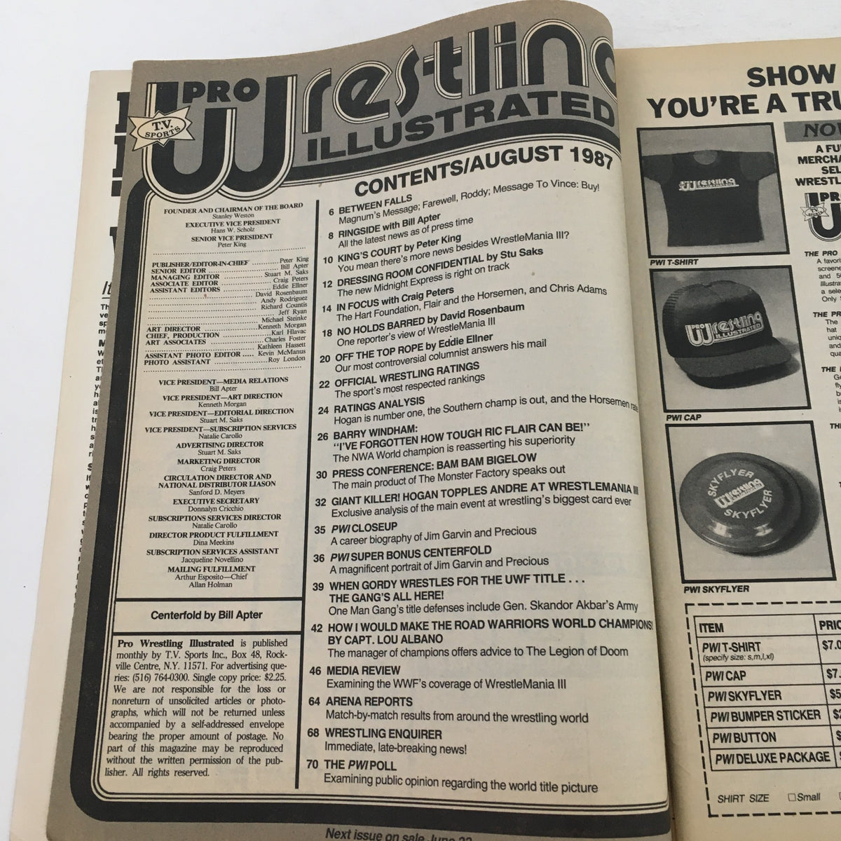 Inside view of Pro Wrestling Illustrated Magazine August 1987, displaying the contents page that outlines articles and features related to wrestling.