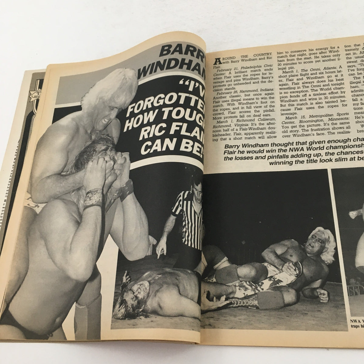 Interior page of Pro Wrestling Illustrated Magazine August 1987 highlighting a match between Barry Windham and Ric Flair, featuring photography and commentary.
