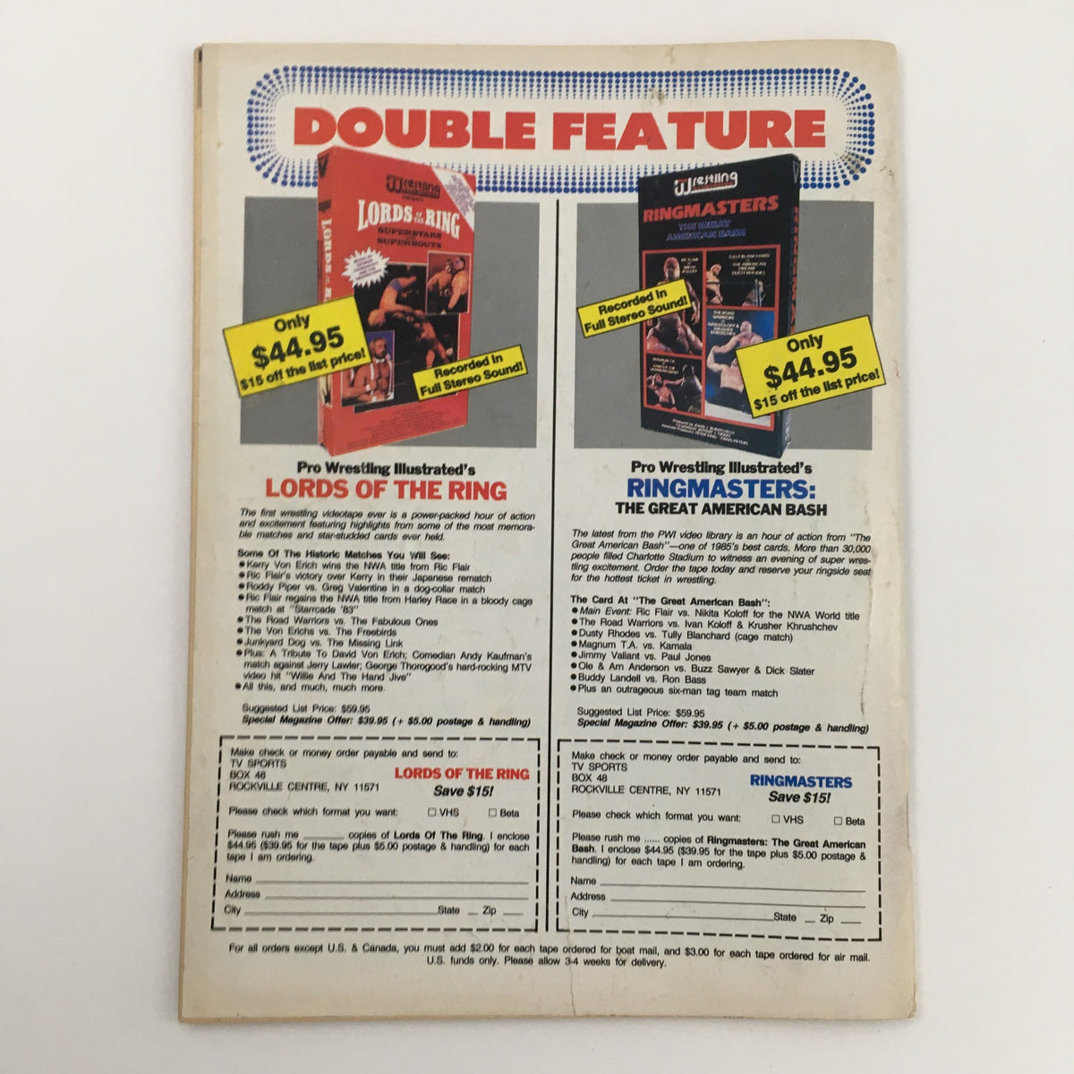 Back cover of Pro Wrestling Illustrated Magazine August 1987 advertising 'DOUBLE FEATURE' video releases for Pro Wrestling Illustrated's Lords of the Ring and Ringmasters.