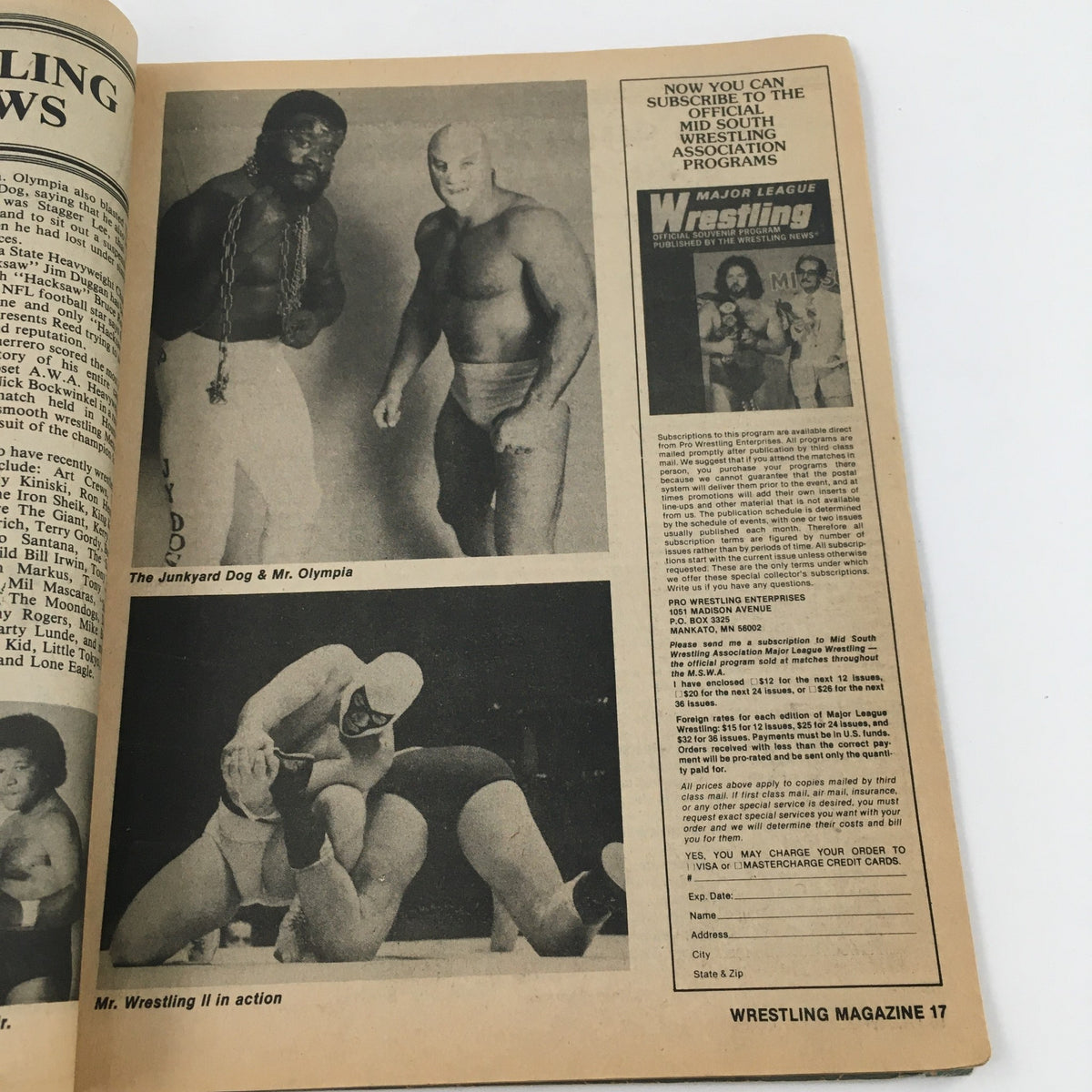 Inside page of The Ring's Wrestling Magazine June 1983 featuring wrestlers The Junkyard Dog and Mr. Olympia, along with action shots from the era's wrestling matches.