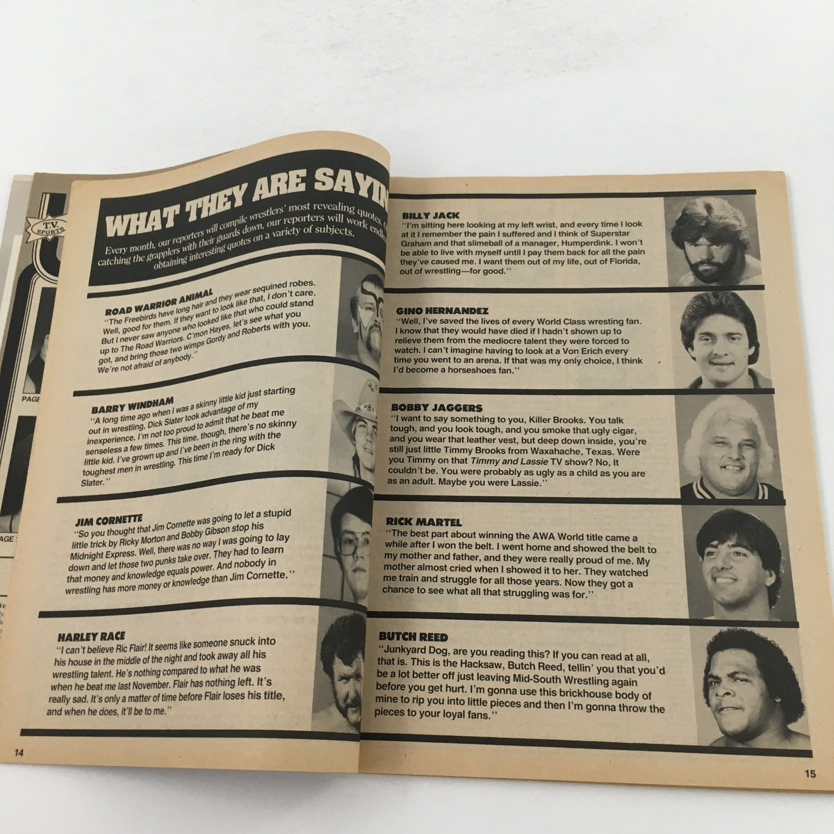 Page from Pro Wrestling Illustrated Magazine November 1984 showing opinions from wrestling personalities about the industry and featured stars.