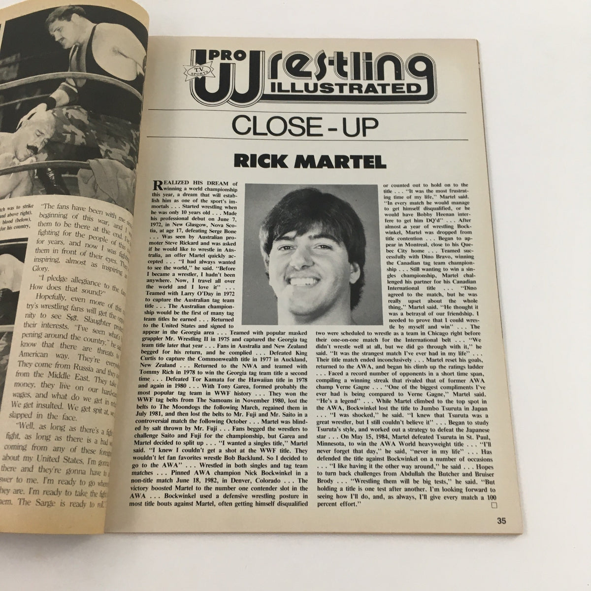 Close-up article on Rick Martel in Pro Wrestling Illustrated Magazine November 1984, detailing his career highlights and experiences.