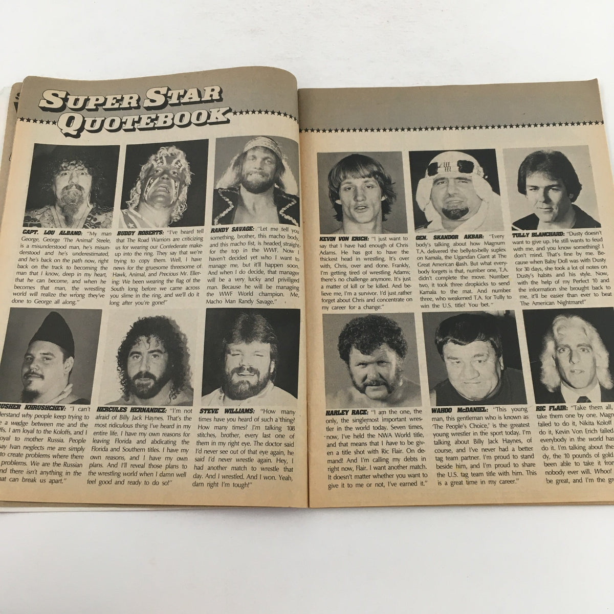 Superstar Quote Book page from Wrestling Superstar Magazine Winter 1985, displaying photos and quotes from iconic wrestlers of the 1980s.