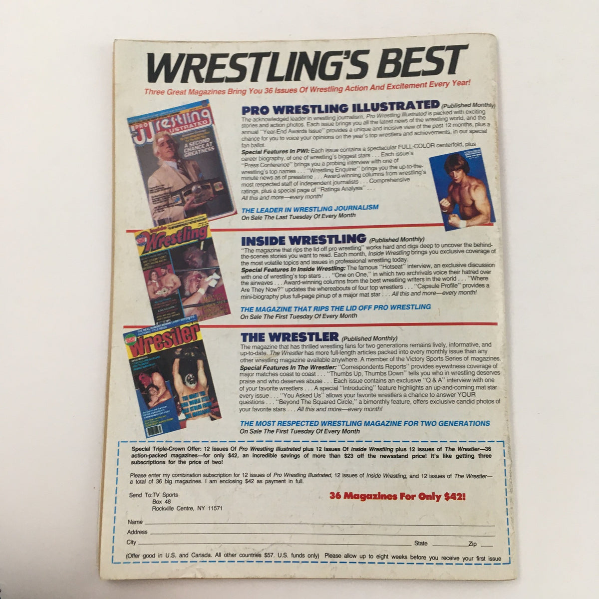Back cover of Wrestling Superstar Magazine Winter 1985 featuring advertisements for wrestling magazines, showcasing the industry during the 1980s.