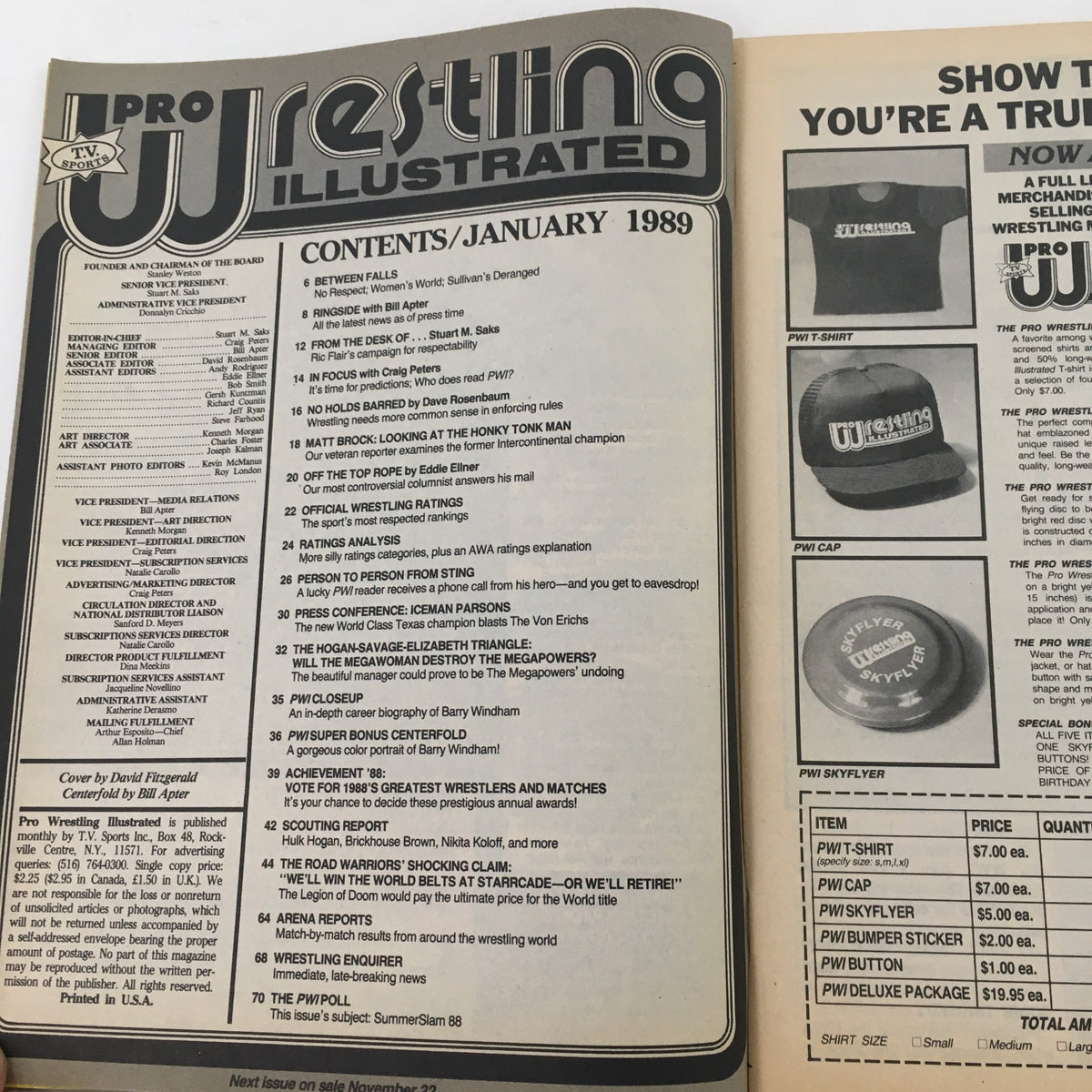 Table of contents page from Pro Wrestling Illustrated Magazine January 1989 highlighting articles, interviews, and key features related to professional wrestling.