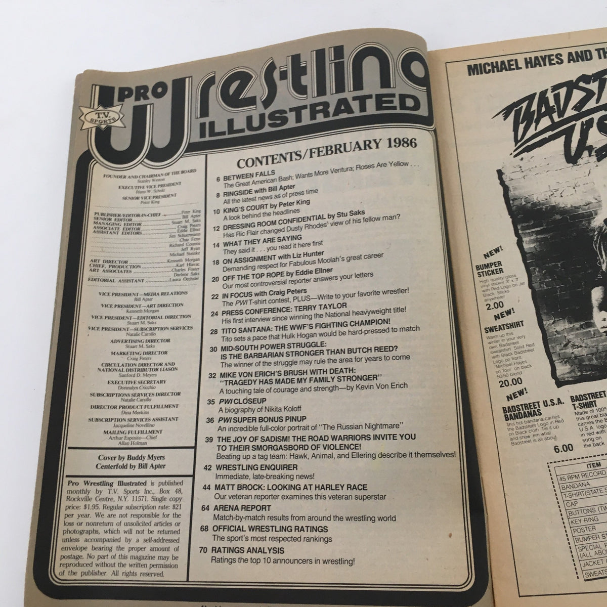 Inside page of Pro Wrestling Illustrated February 1986 Magazine with table of contents listing key articles and features about wrestling personalities and events.