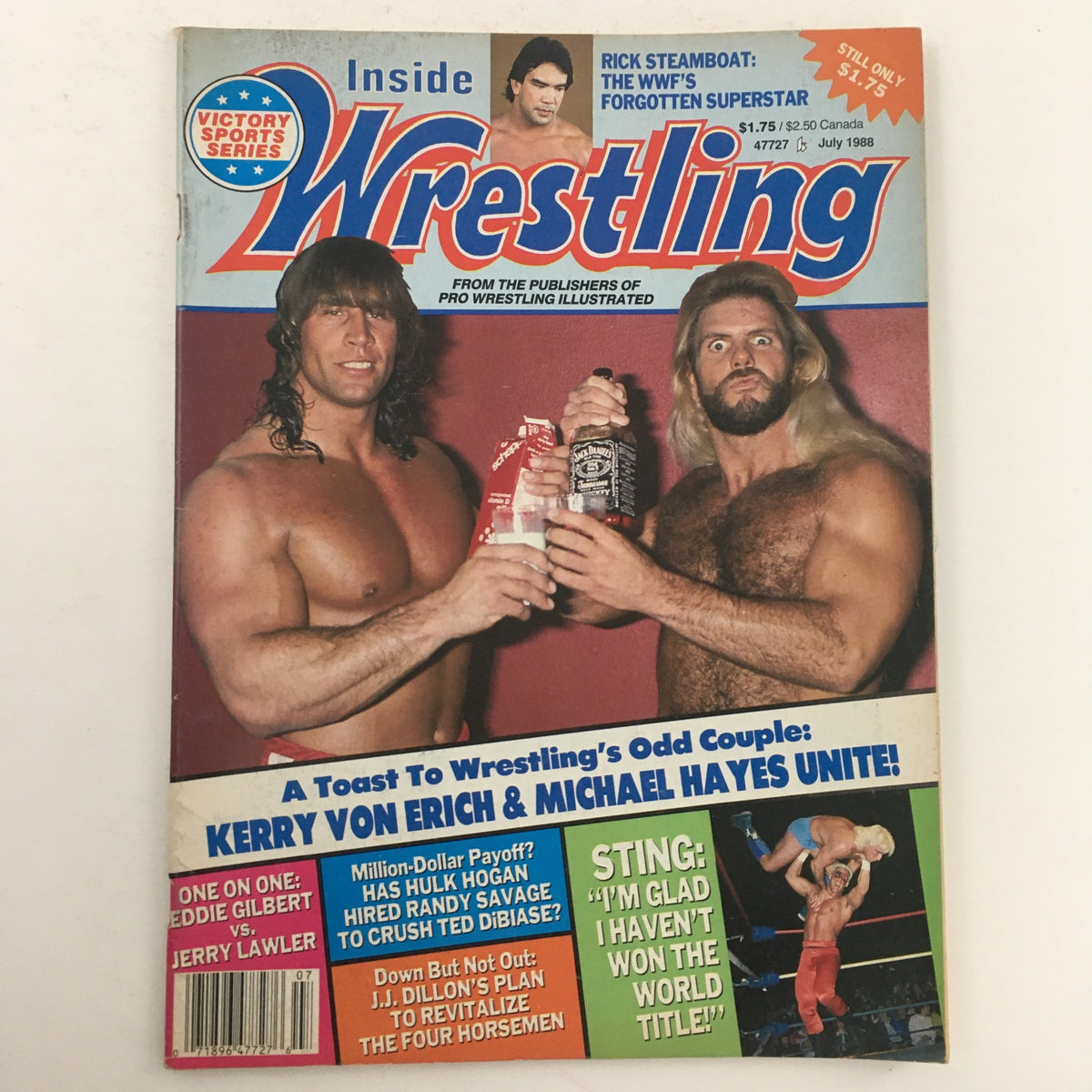 Cover of Inside Wrestling Magazine July 1988 featuring Kerry Von Erich and Michael Hayes, showcasing a collectible moment in wrestling history with a toast. The cover highlights wrestling topics of the time.