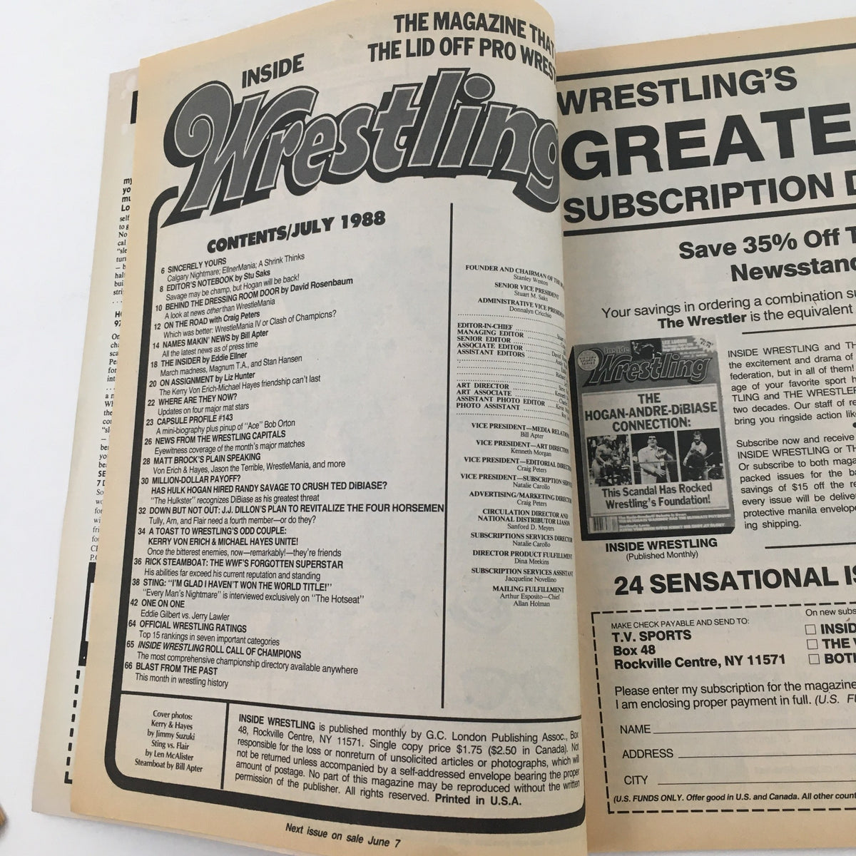 Inside Wrestling Magazine July 1988 contents page showcasing featured articles including Kerry Von Erich and Michael Hayes.