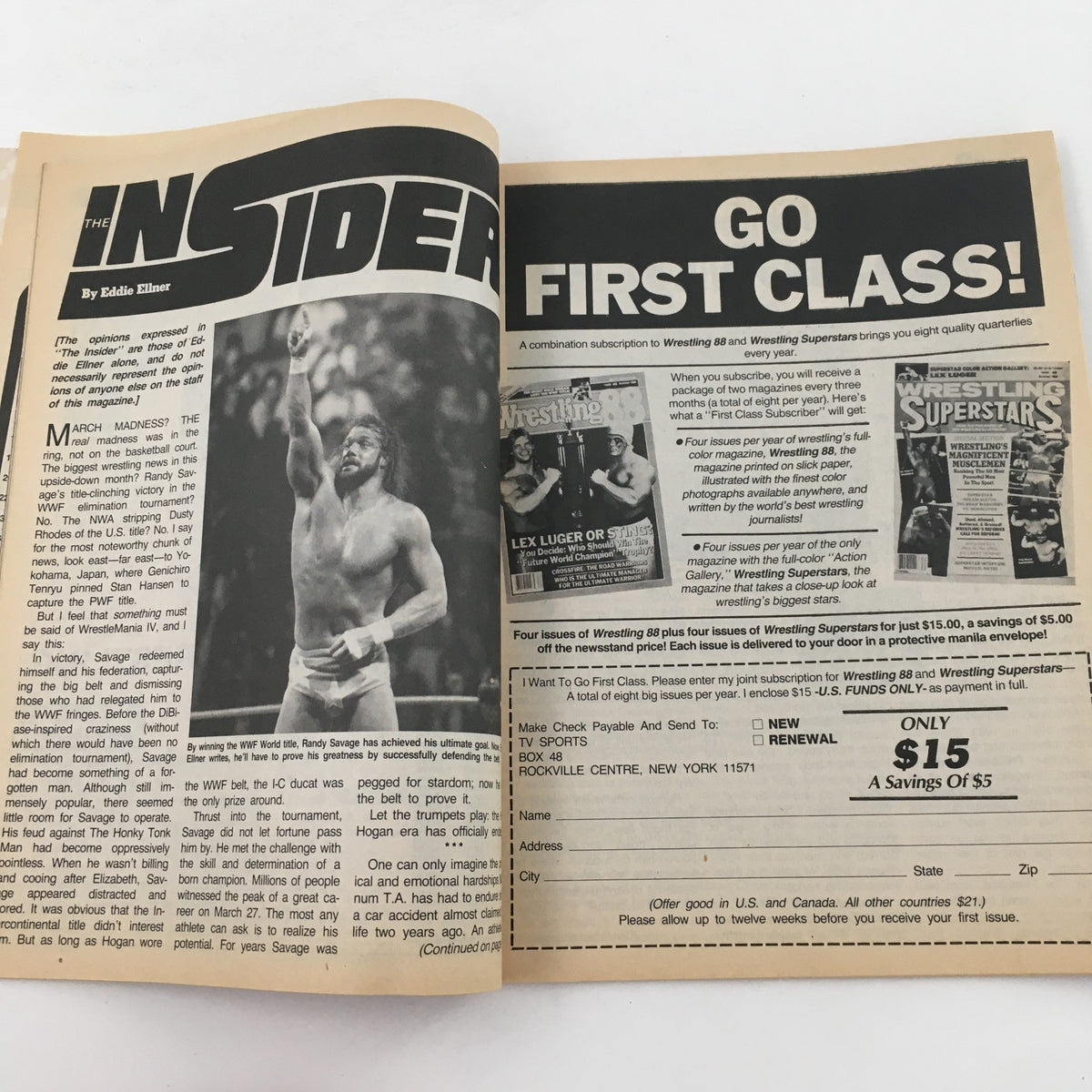 Inside Wrestling Magazine July 1988 page featuring an article by Eddie Elner with a photo of Randy Savage.
